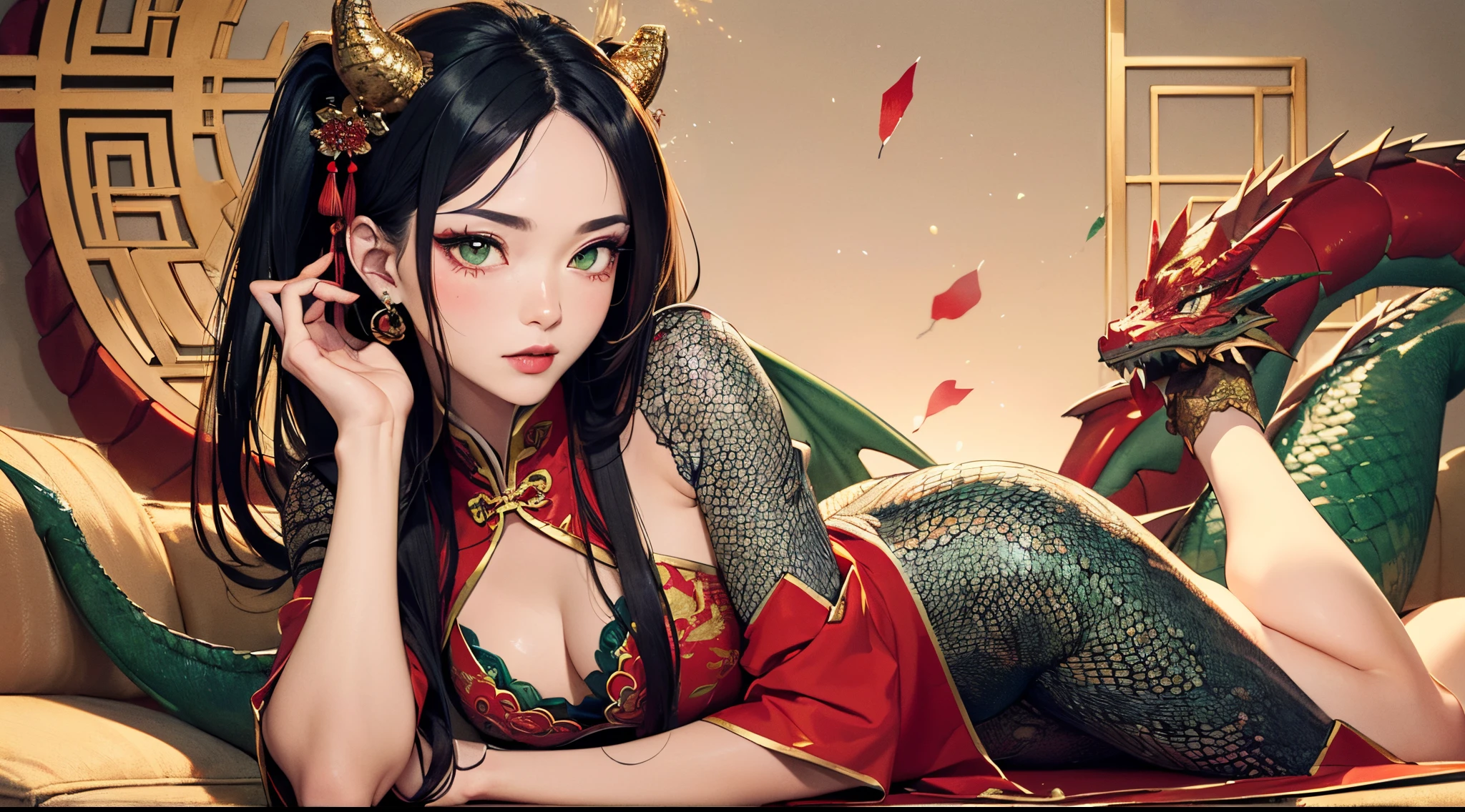 masterpiece, high res, ultra detailed, (ultra-detailed background, detailed background), green dragon girl, 1girl, monstergirl, dragon like girl with dragon tail, perfect face, (long black hair color), Chinese hair bun hairstyle haircut, ((red and golden color of dress)), (((detailed face, detailed hands, detailed body, detailed eyes))), symbol of the year, Chinese lunar calendar, (Green wooden dragon:1.2), (geometric:1.2), colorful, full body, holding smoking tube, ((lay on couch sexy pose, looking to the viewer)), ((traditional Chinese clothes)), ((dragon scales at body skin:1.5)), fireworks on background, muscular body, perfect athletic fit body, Chinese red ornaments tattoos, ((dragon-girl of Chinese culture))