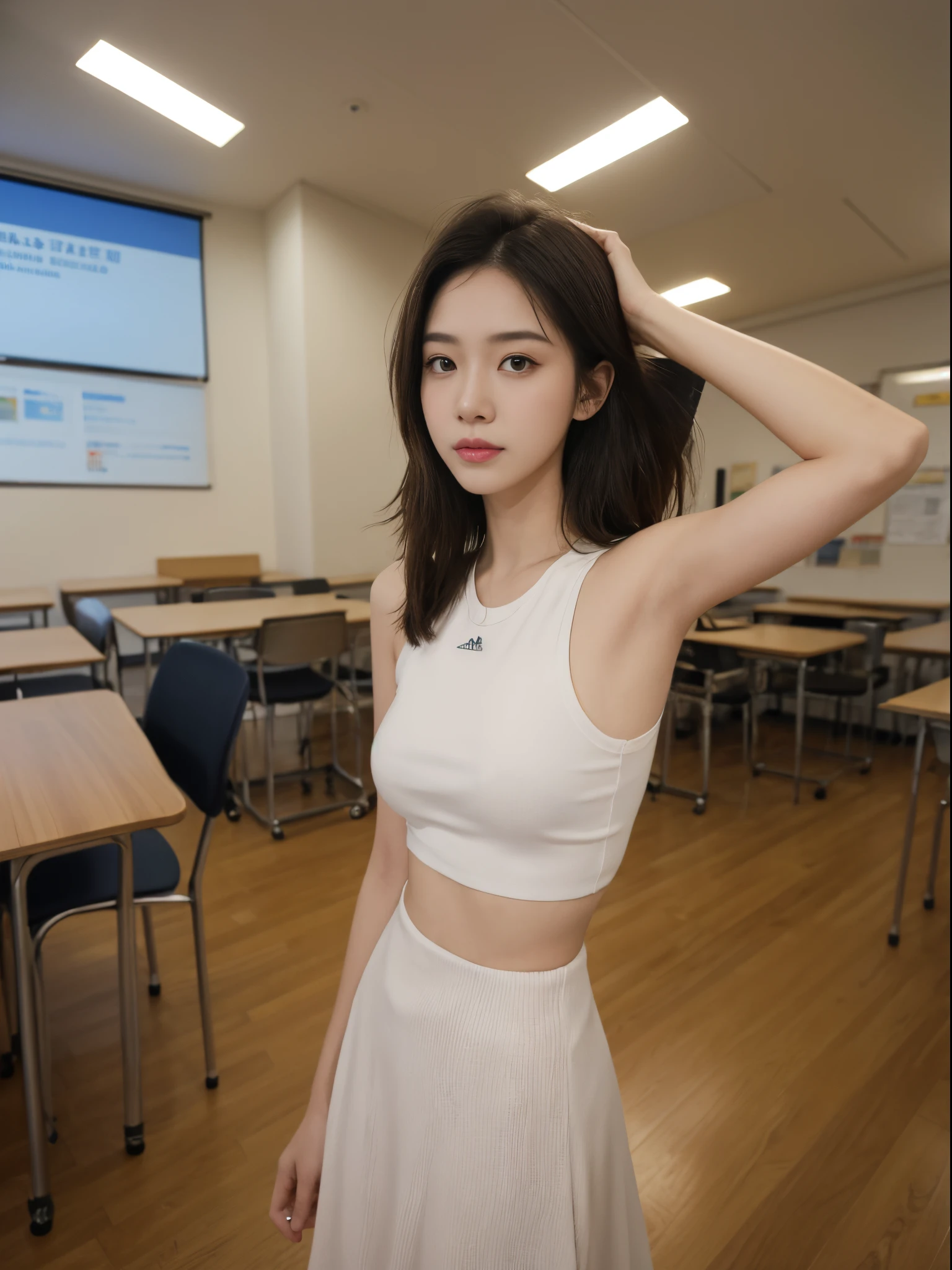 short bob, huge breast, high school, classroom