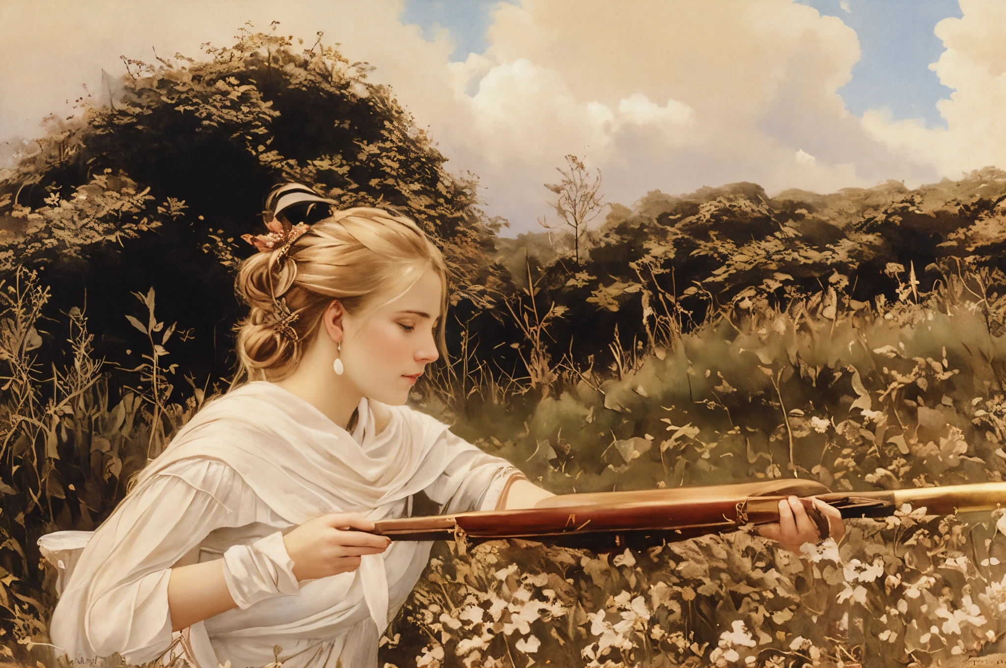 真实感, a painting, Fantastic tale, Christmas style, John Tolkien style, Small painting by Jean-Baptiste Monge, ,There is a blue-eyed woman with golden hair, thick eyebrows..., Who's sitting, With his hand on his chin, headshot profile picture, 3 0 years old woman, 30 years old woman, taken in the early 2020s, looking straight at camera, no makeup, halfbody headshot, selfie of a young woman, looking away from camera, looking straight at camera, Jean-Baptiste Monge, anthropomorphic --ar 2:3 --testp -optimistic; Straight hair