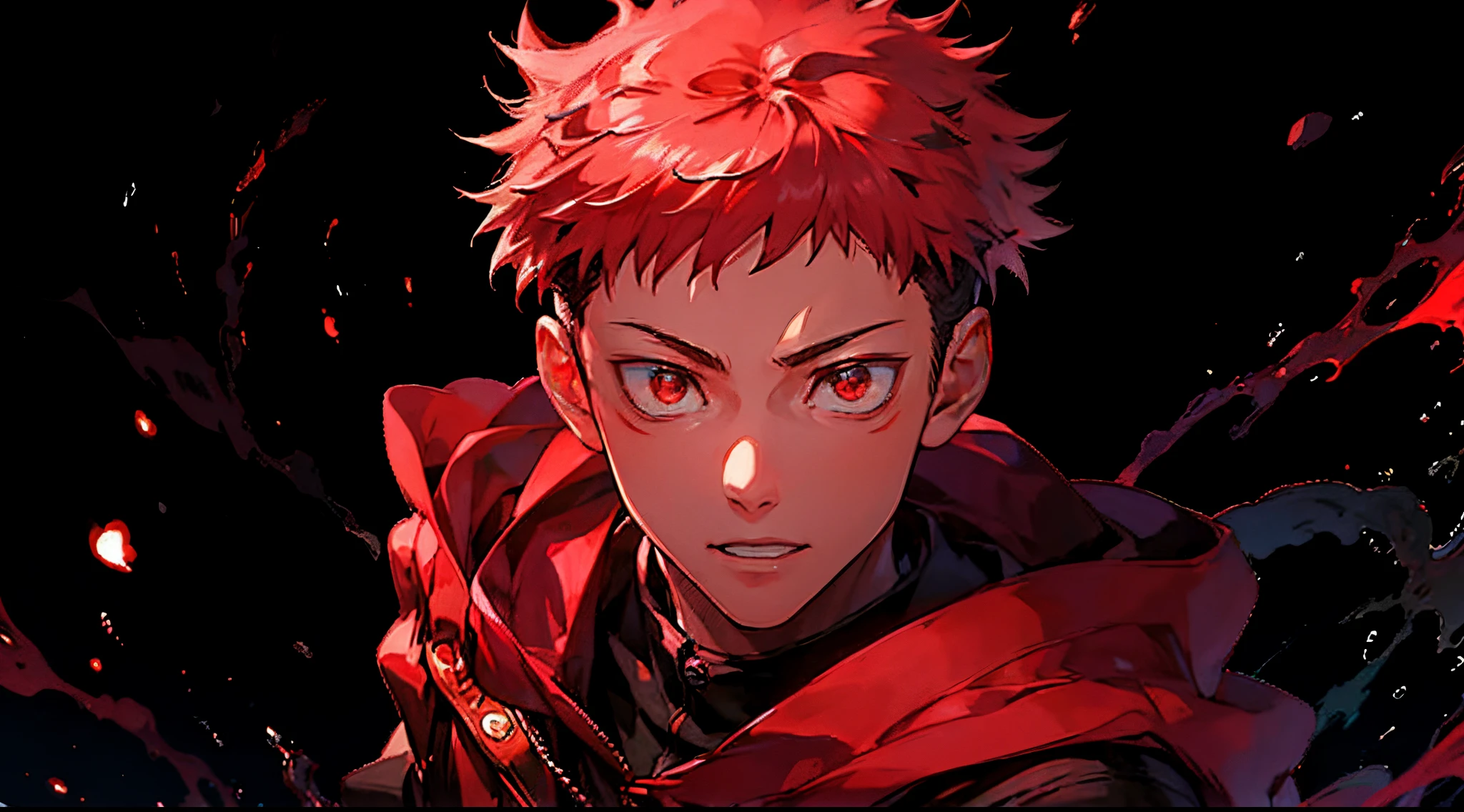 Anime, Boy, Short red hair with a gradient visible on the sides and hair styled back, Bright red eyes, Black hoodie and over a Japanese haori with a red storm pattern, with a katana attached to the belt.