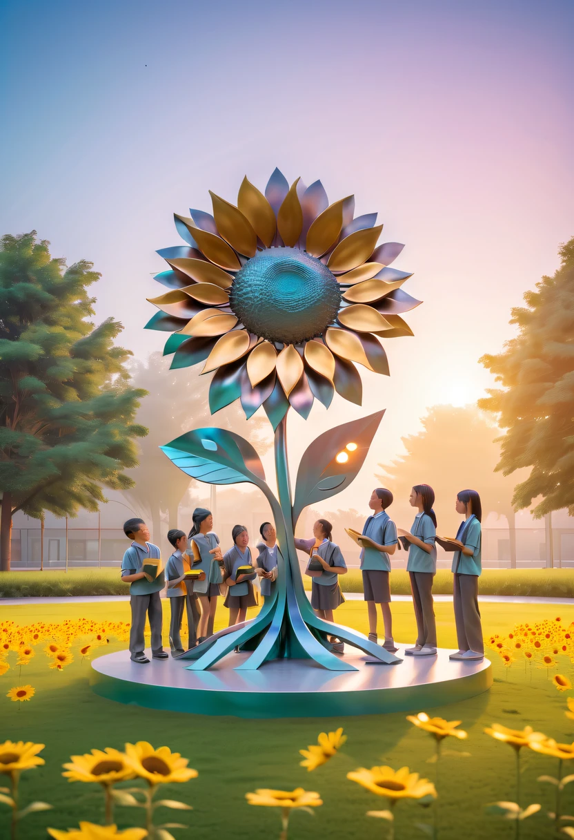 school sculpture,Cute teacher holding sunflower,Surrounded by a group of students,on the school lawn,full iron,metalictexture,metallic luster,vectorial art,Soft color palette,abstract sculpture,3D sculpture with abstract light,modern chinese literati,Gradient of color,hierarchical form,Futuristic sci-fi style metal three-dimensional sculpture,Whimsical three-dimensional metal sculptures,Ethereal style metal three-dimensional sculpture,