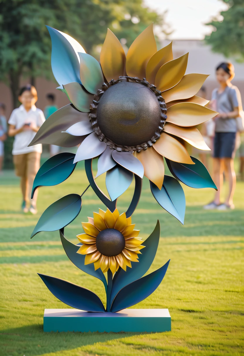 school sculpture,Cute teacher holding sunflower,Surrounded by a group of students,on the school lawn,full iron,metalictexture,metallic luster,vectorial art,Soft color palette,abstract sculpture,3D sculpture with abstract light,modern chinese literati,Gradient of color,hierarchical form,Whimsical three-dimensional metal sculptures,Ethereal style metal three-dimensional sculpture