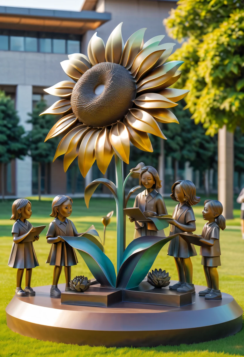 school sculpture，Cute teacher holding sunflower，Surrounded by a group of students，on the school lawn，full iron，metalictexture，metallic  luster，vectorial art，Soft color palette，abstract sculpture，3D sculpture with abstract light，modern chinese literati，Gradient of color，hierarchical form，Whimsical three-dimensional metal sculptures，Ethereal style metal three-dimensional sculpture