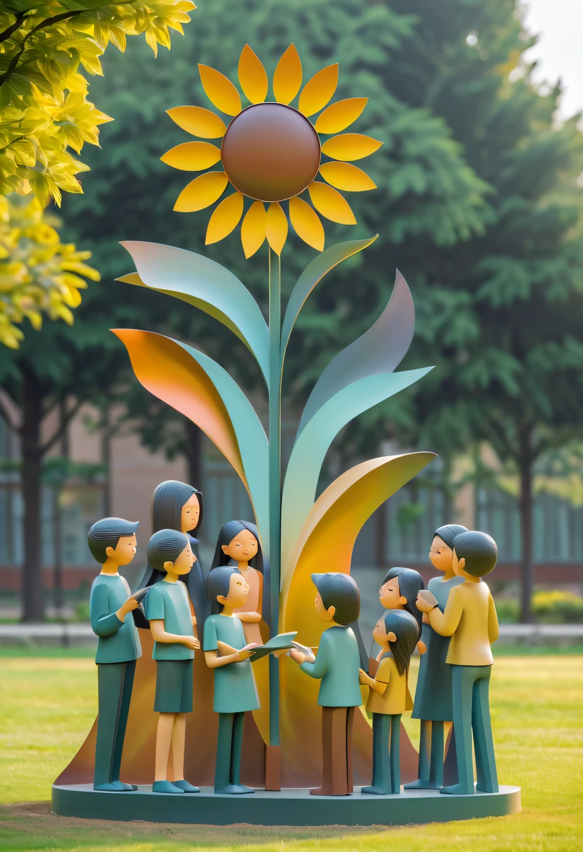 school sculpture,Cute teacher holding sunflower,Surrounded by a group of students,on the school lawn,full iron,metalictexture,metallic luster,vectorial art,Soft color palette,abstract sculpture,3D sculpture with abstract light,modern chinese literati,Gradient of color,hierarchical form,Whimsical three-dimensional metal sculptures,Ethereal style metal three-dimensional sculpture