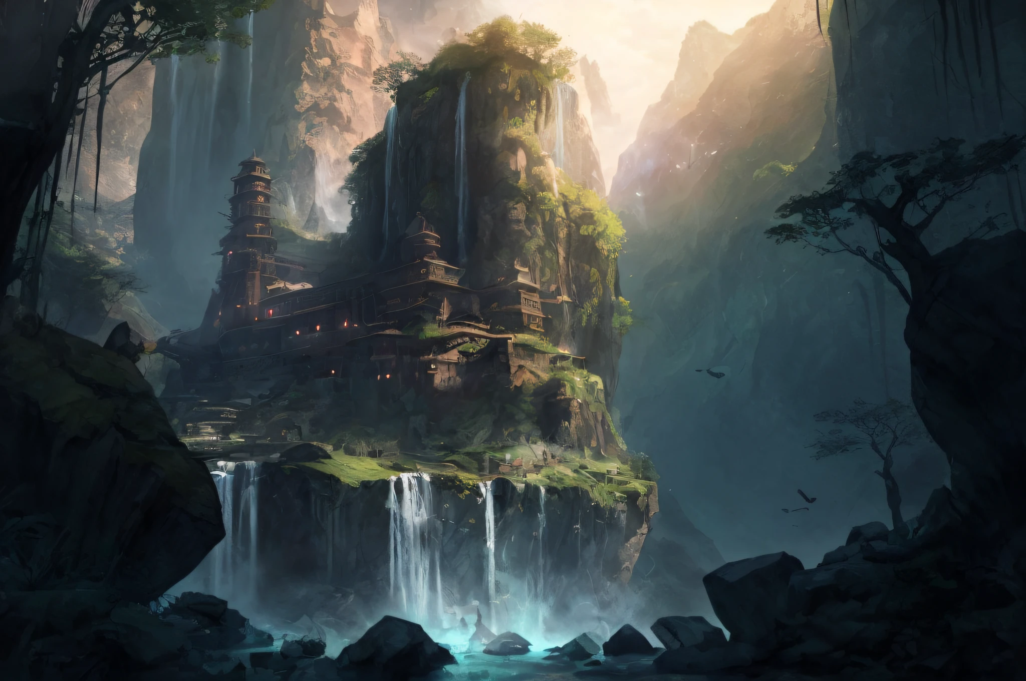 il y a une cascade au milieu d&#39;a mountain with a dessus bâtiment, Style Andreas Rocha, The style of Andreas Rocha, inspired by Andreas Rocha, highly realistic concept art, fond d&#39;art conceptuel 4K, par Andreas Rocha, Art fantastique 4k, detailed 4K concept art, Magnifique concept art, high quality digital concept art, Superbe art conceptuel