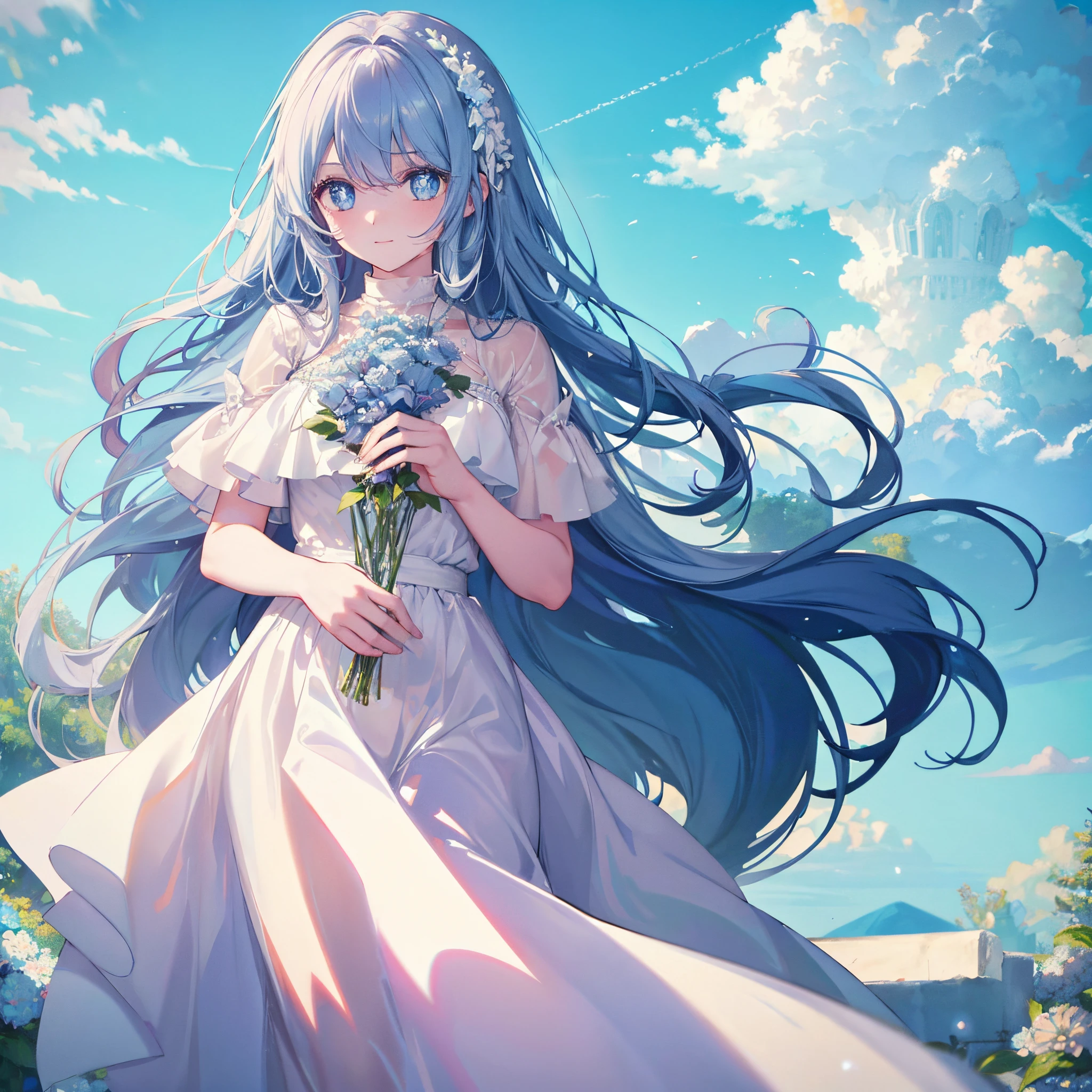 Long white slightly curly hair，Light blue eyes，Sky blue flowers, Intellectual elegance, Lady, offcial dresanquet，laughingly