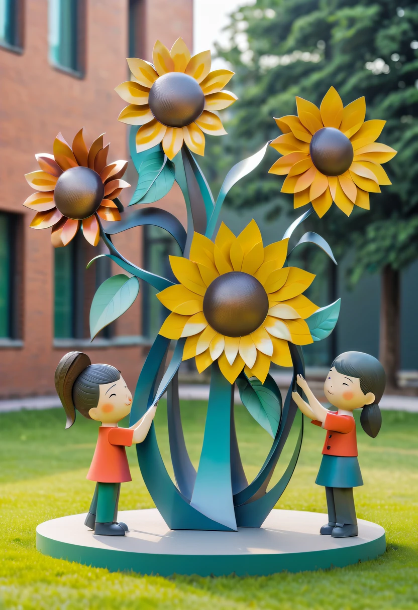 school sculpture，Cute teacher holding sunflower，Surrounded by a group of students，on the school lawn，full iron，metalictexture，metallic  luster，vectorial art，Soft color palette，abstract sculpture，3D sculpture with abstract light，modern chinese literati，Gradient of color，hierarchical form，Whimsical three-dimensional metal sculptures，Ethereal style metal three-dimensional sculpture