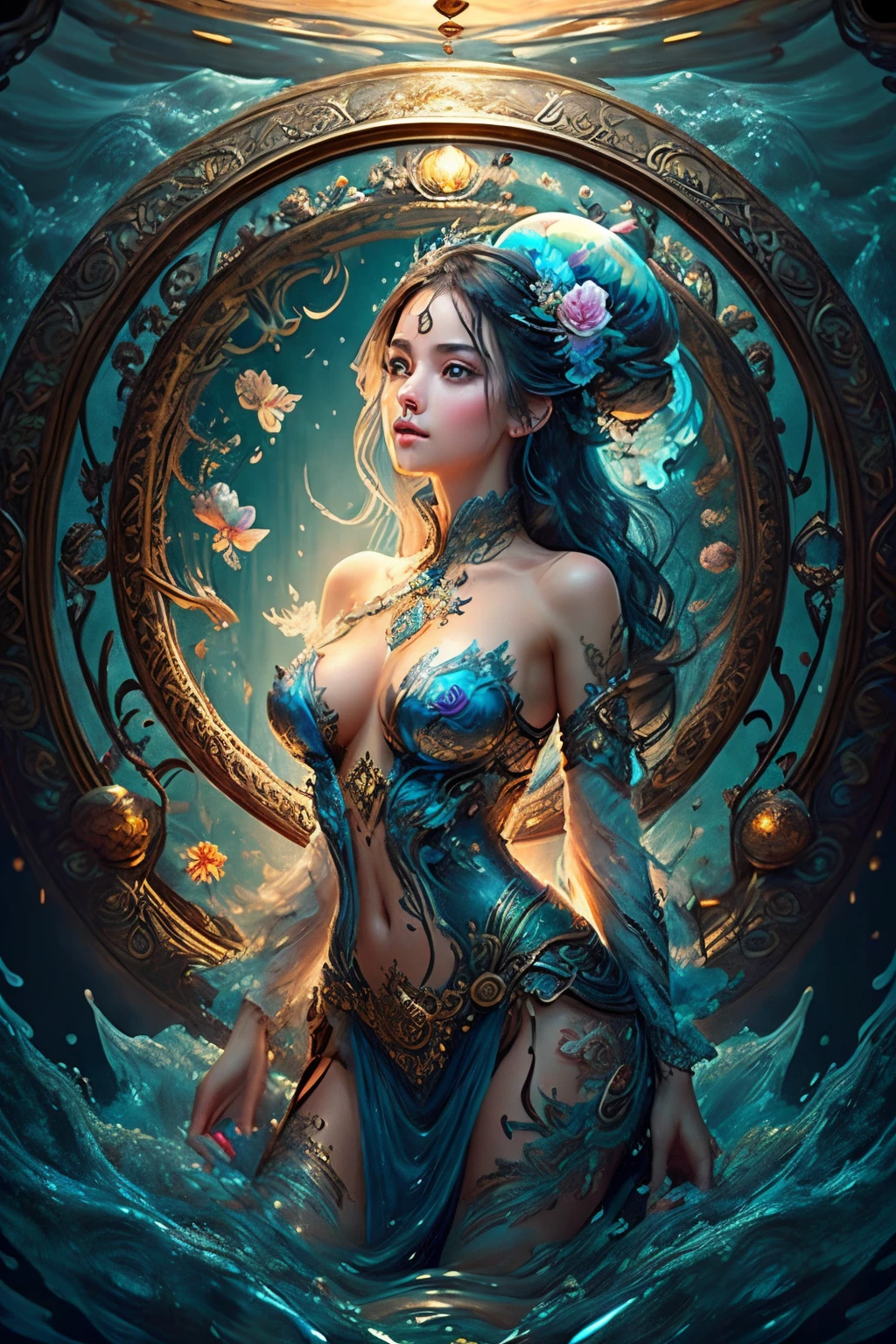 (masterpiece), best quality, expressive eyes, perfect face, huge hourglass, antique hourglass, floating antique clock, beautiful girl inside the hourglass, beautiful Latin girl behind the clock glass, floating antique clock, lamp , lantern, dark night sky, cloudy sky, rain clouds with lightning, beautiful girl looking up, long black hair, Beautiful Hardcore Illustration home page illustration style, dark, high resolution, hard touch illustration, strong outline, 8k, Hiroyuki Nagasaka style, aggressive, beautiful face, fresh beauty, transparent white silk dress, beauty style, bright mist. Paint water splashes. Magic spell. Blue silver gray color gradient glowing vapor veil wave on black abstract art background with free space. Baroque elements, intricate oil paintings, bubbles and swirling fountains, full body, extremely detailed (Fractal Art: 1.3), colorful, more detailed, slight smile, open legs, view of pubic hair, 1 sexy girl in transparent clothing, small breasts exposed, transparent open t-shirt, tattoos of mandalas and flowers, best quality, black and brown hair fused in water, naked girl, beautiful visible pubic area, small breasts in sight, perfect hair, perfect full lips, delicate and perfect body, digital painting, intricately detailed eyes looking up, girl looking up, colorful, fine art, oil painting, finely drawn hands; magical garden, metallic roses, autumn leaves, metallic colors and enamel, meditation, girl in a state of meditation, rain, wlop style art, latin girl with oil tan skin, shiny brown skin,