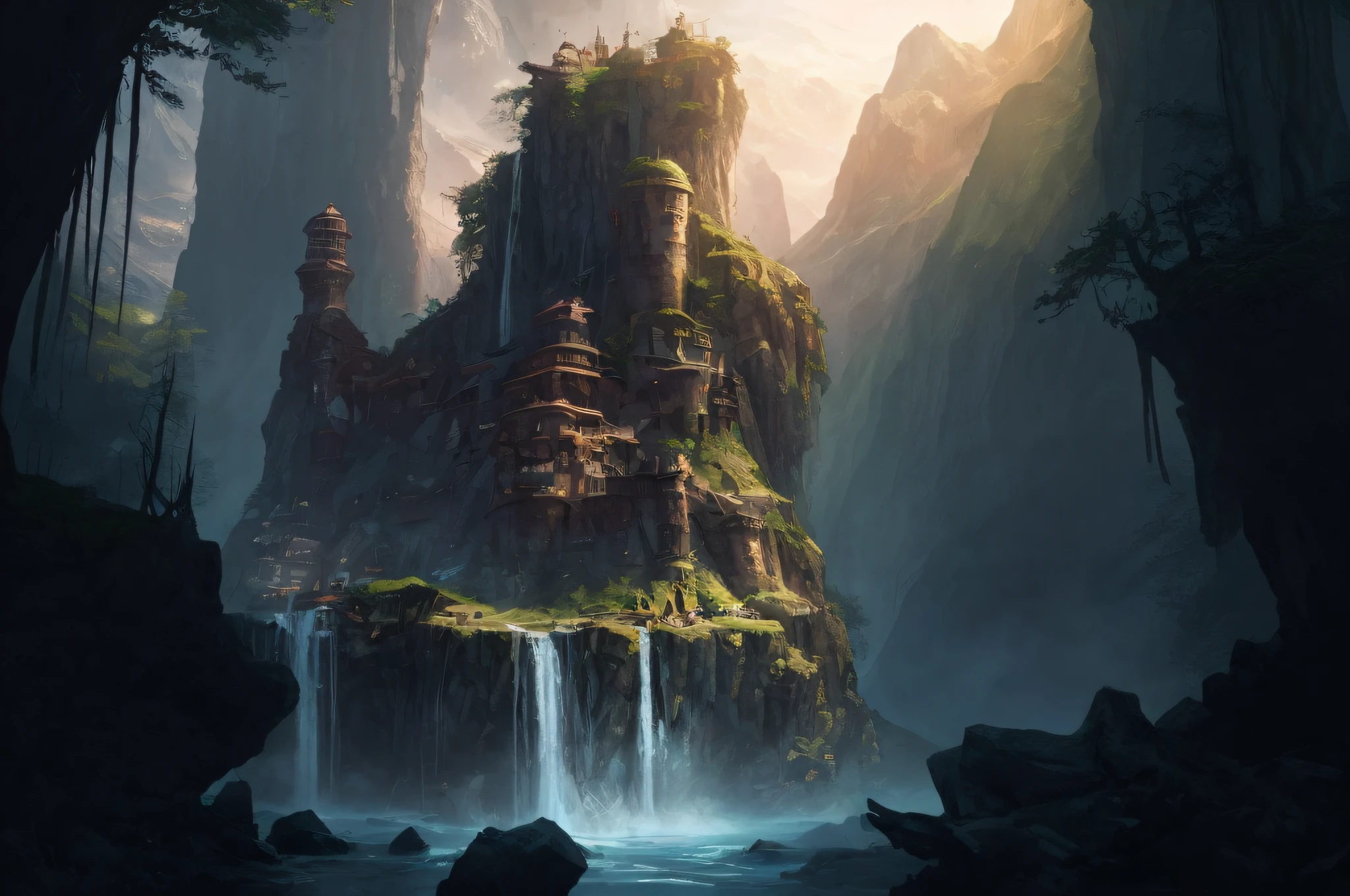 il y a une cascade au milieu d&#39;a mountain with a dessus bâtiment, Style Andreas Rocha, The style of Andreas Rocha, inspired by Andreas Rocha, highly realistic concept art, fond d&#39;art conceptuel 4K, par Andreas Rocha, Art fantastique 4k, detailed 4K concept art, Magnifique concept art, high quality digital concept art, Superbe art conceptuel