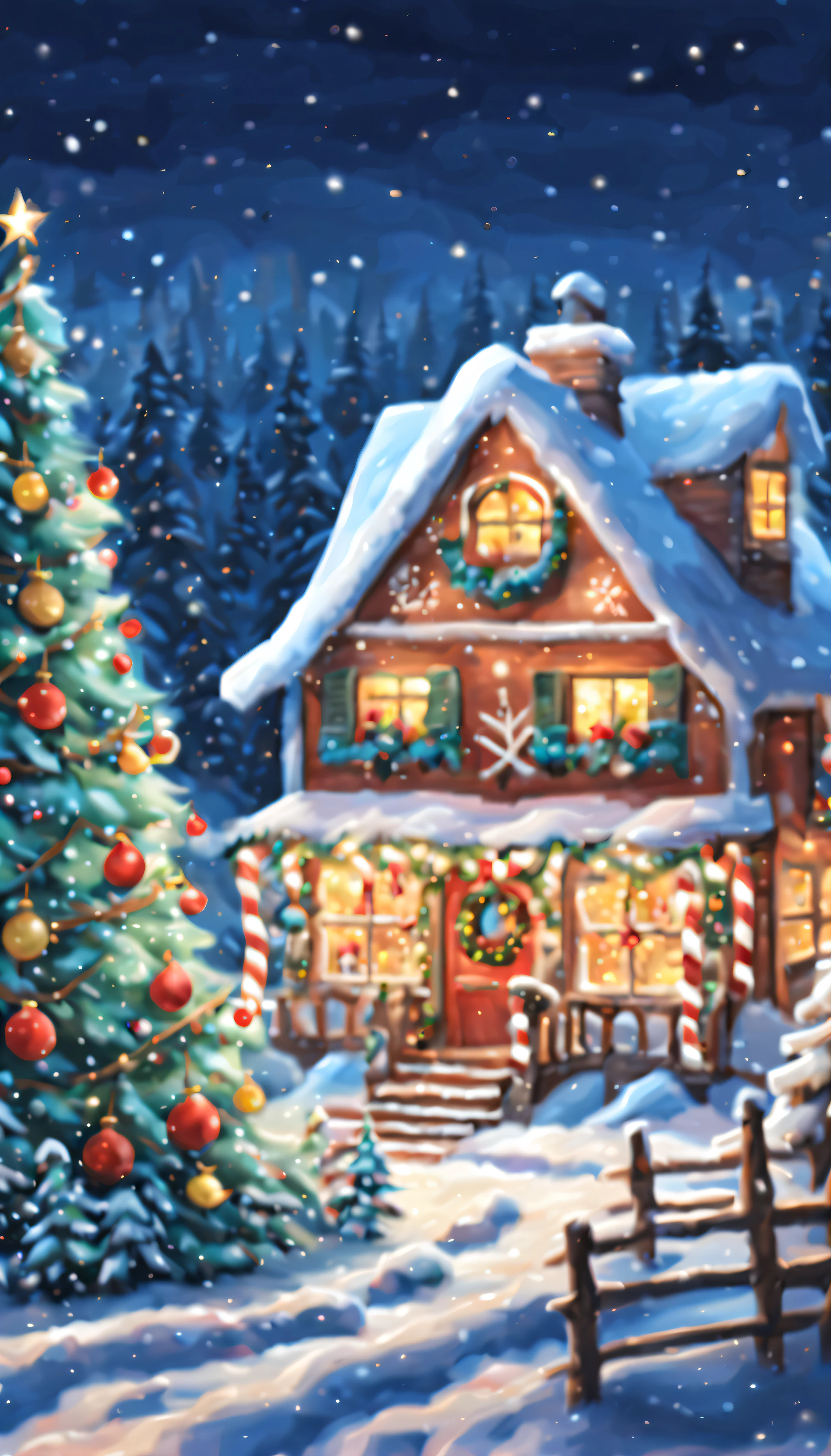 Craft a heartwarming AI-generated Christmas scene that combines tradition with a touch of magic. Envision a snowy village aglow with twinkling lights, where families and friends gather. Picture classic holiday elements like decorated evergreen trees, festive ornaments, and the aroma of freshly baked treats. Infuse a touch of enchantment, perhaps with friendly woodland creatures sharing in the festivities or a hint of snowfall casting a soft glow. Invite the AI to paint a cozy, festive tableau that evokes the spirit of joy, togetherness, and the magic of the holiday season."8k