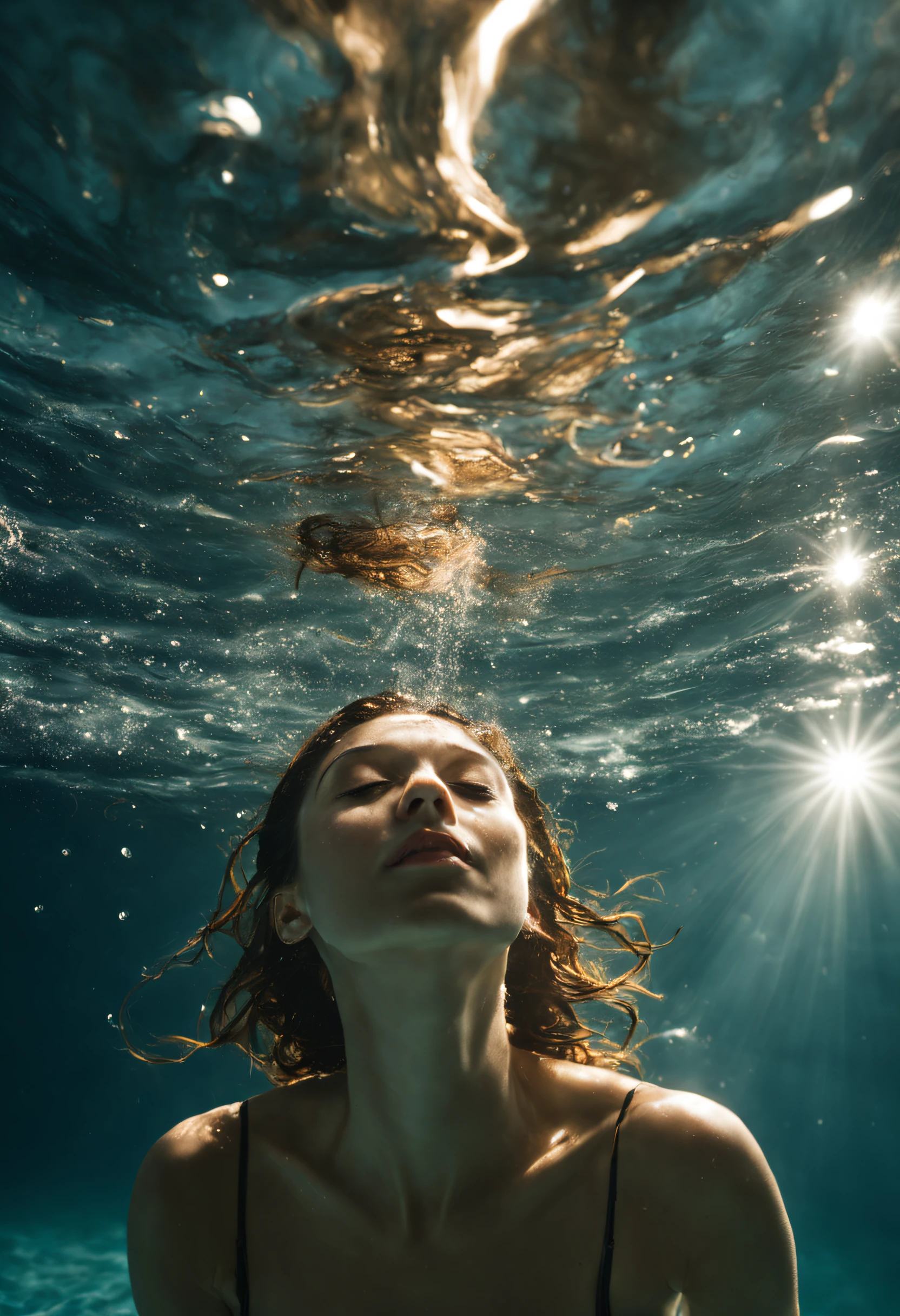 A captivating underwater photograph of a woman swimming gracefully, ultra detailed, surrounded by delicate water bubbles reflecting the sunlight , realistic shadows, symmetrical face, relaxed expression, The water is clear, slight murkiness, and the play of light creates a mystical atmosphere. DSLR, 35mm f/2. 8 lens, off centre, charming and memorable, cinematic, hyper realistic, 8k