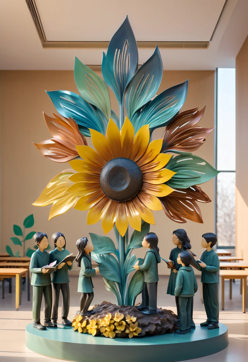 school sculpture，Cute teacher holding sunflower，Surrounded by a group of students，in a school，full iron，metalictexture，metallic  luster，Soft color palette，abstract sculpture，3D sculpture with abstract light，modern chinese literati，Gradient of color，hierarchical form，Whimsical three-dimensional metal sculptures，Ethereal style metal three-dimensional sculpture