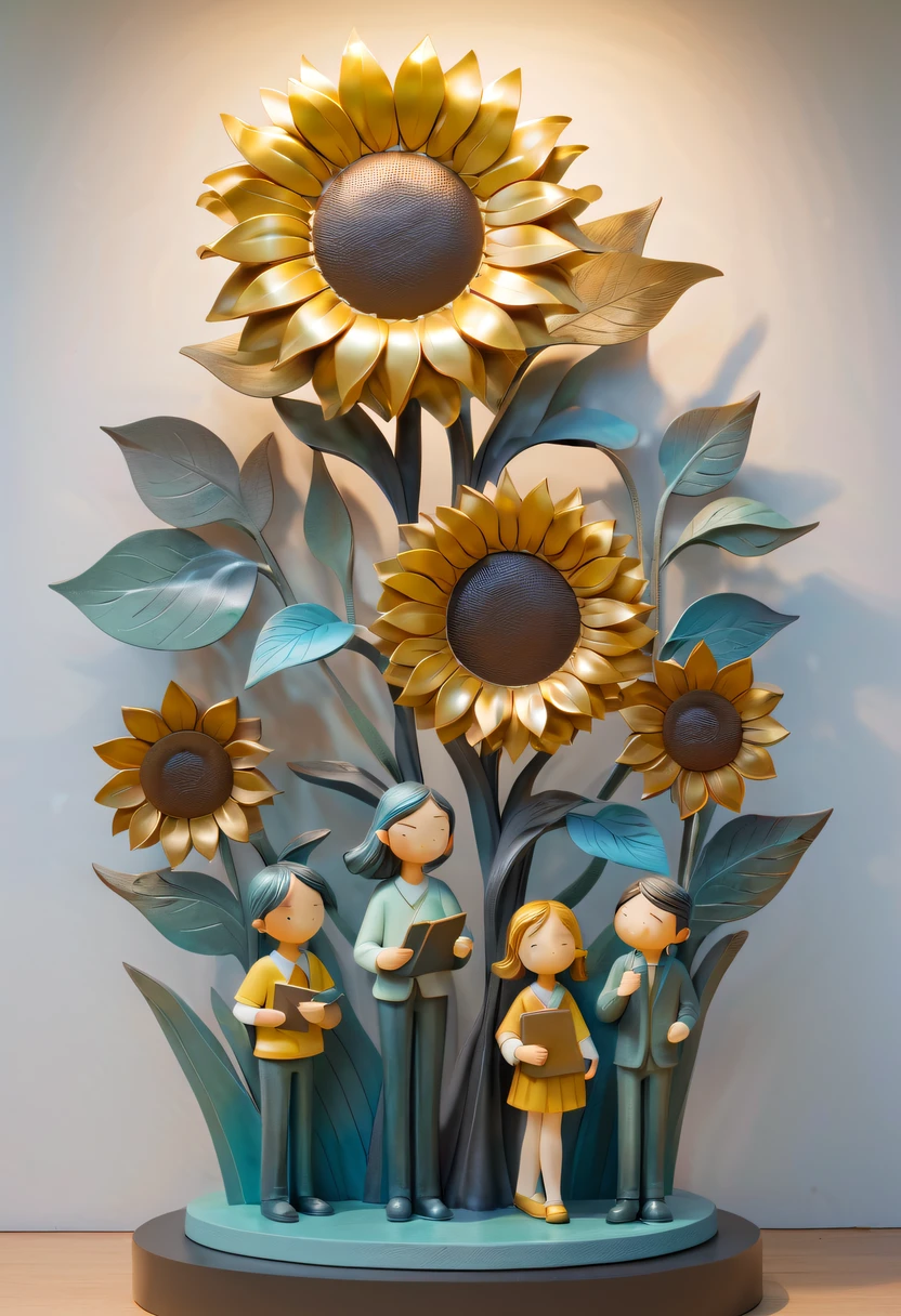 school sculpture，Cute teacher holding sunflower，Surrounded by a group of students，in a school，full iron，metalictexture，metallic  luster，Soft color palette，abstract sculpture，3D sculpture with abstract light，modern chinese literati，Gradient of color，hierarchical form，Whimsical three-dimensional metal sculptures，Ethereal style metal three-dimensional sculpture