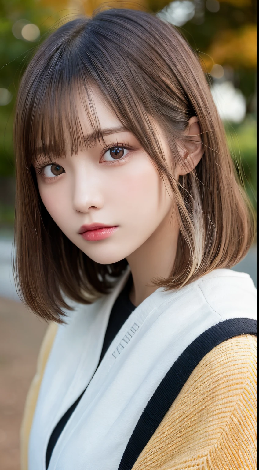 masutepiece, Best Quality, Illustration, Ultra-detailed, finely detail, hight resolution, 8K Wallpaper, Perfect dynamic composition, Beautiful detailed eyes, Women's Fashion Autumn,Medium Hair,Small breasts natural color lip,,Harajuku、20 years girl、Cute、Sexy shot looking at camera、autumnal、Wood Bright、Transparency、Sadness face、Color Sweep、Bleach Hair、inner colored、Contrasting hair color、The surface of the hair turns black、Bleaching the inside of the hair、bobhair、Hair Tip Curl、Wet hair、Oversized sweatshirt、medium short bob hair