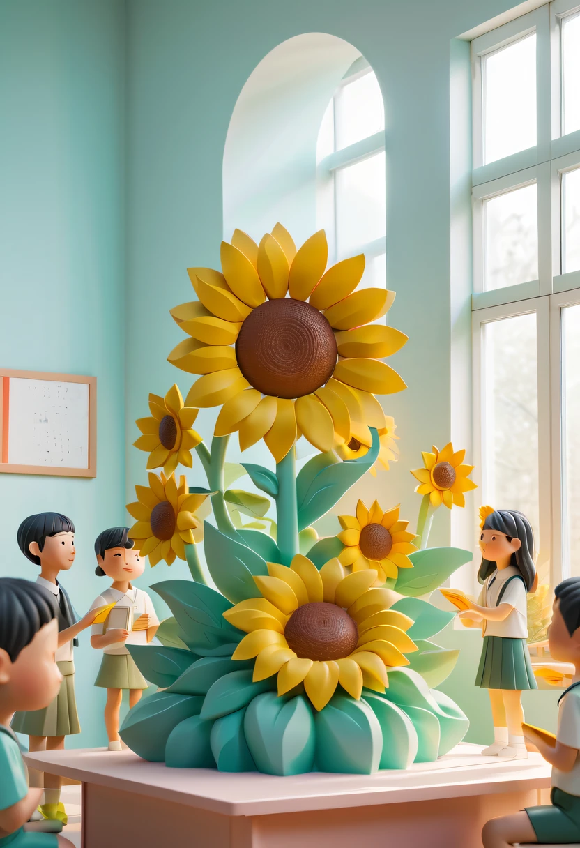 school sculpture,Cute teacher holding sunflower,Surrounded by a group of students,in a school, vectorial art,Soft color palette,abstract sculpture,3D sculpture with abstract light,modern chinese literati,Gradient of color,hierarchical form,Whimsical 3D Sculptures,Ethereal style three-dimensional sculpture