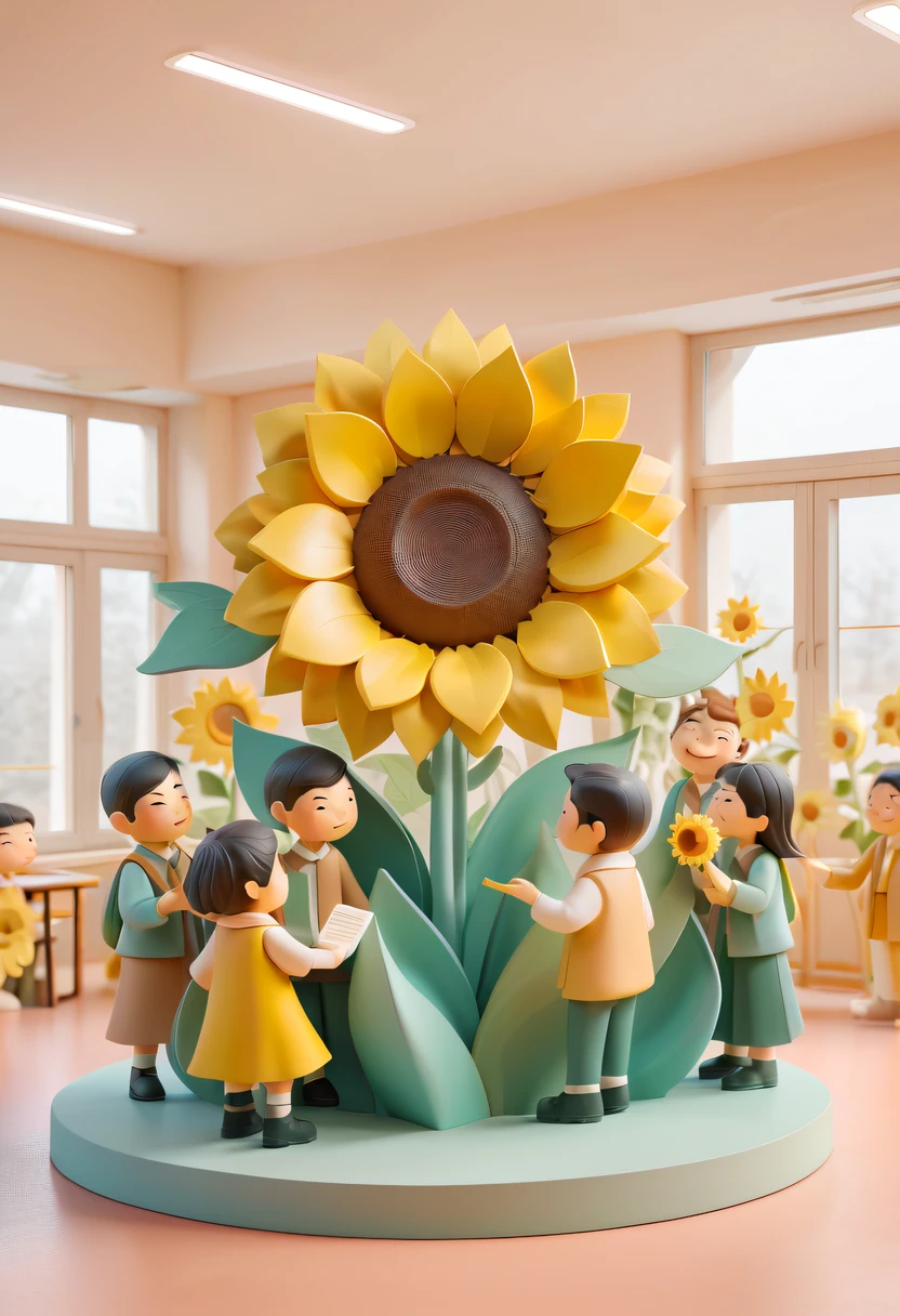 school sculpture,Cute teacher holding sunflower,Surrounded by a group of students,in a school, vectorial art,Soft color palette,abstract sculpture,3D sculpture with abstract light,modern chinese literati,Gradient of color,hierarchical form,Whimsical 3D Sculptures,Ethereal style three-dimensional sculpture
