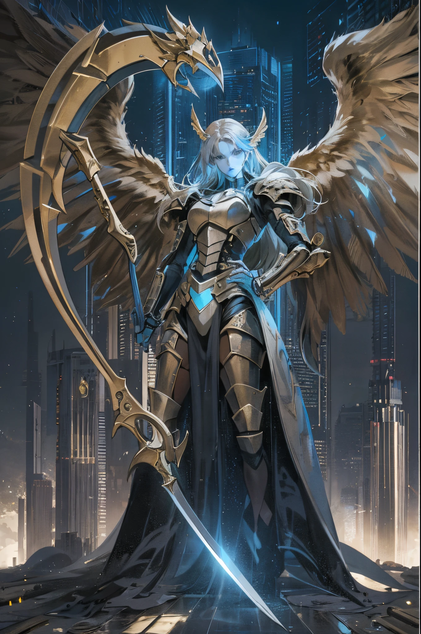 (best quality,highres),angel with a giant golden scythe,black-armored, with detailed eyes,holding the scythe high in a 45-degree angle,mechanical prostheses,monochrome exposure,dramatic lighting,cityscape in light blue holographic projection,sci-fi style.