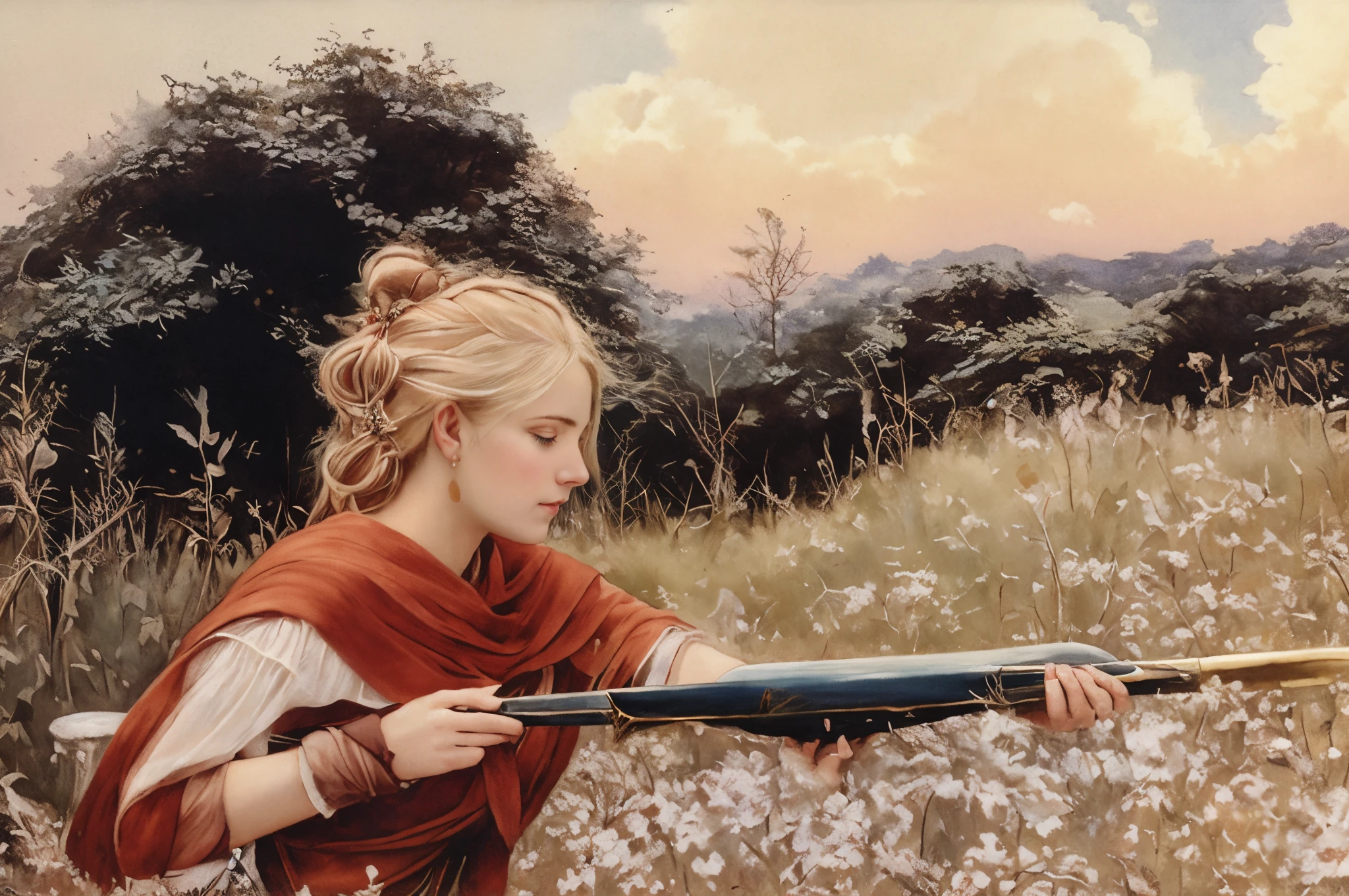 真实感, a painting, Fantastic tale, Christmas style, John Tolkien style, Small painting by Jean-Baptiste Monge, ,There is a blue-eyed woman with golden hair, thick eyebrows..., Who's sitting, With his hand on his chin, headshot profile picture, 3 0 years old woman, 30 years old woman, taken in the early 2020s, looking straight at camera, no makeup, halfbody headshot, selfie of a young woman, looking away from camera, looking straight at camera, Jean-Baptiste Monge, anthropomorphic --ar 2:3 --testp -optimistic; Straight hair