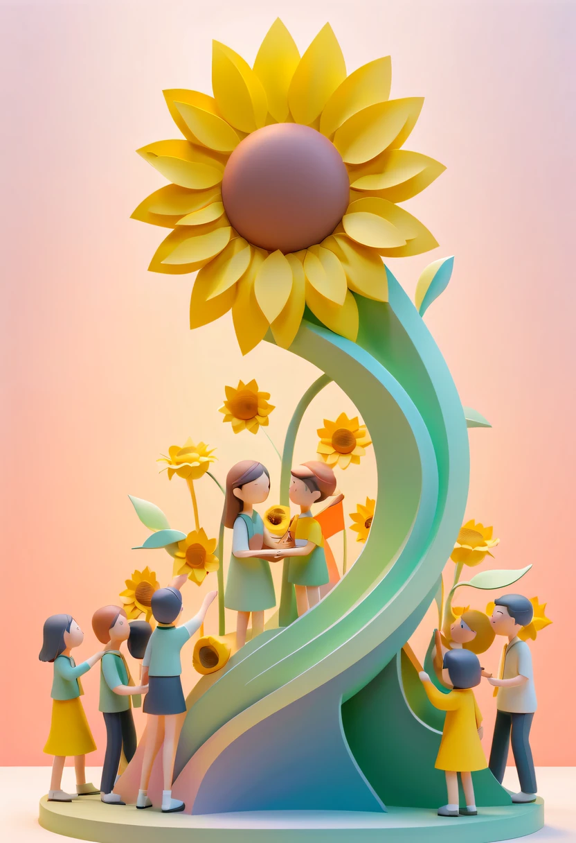 school sculpture,Cute teacher holding sunflower,Surrounded by a group of students,in a school, vectorial art,Soft color palette,abstract sculpture,3D sculpture with abstract light,modern chinese literati,Gradient of color,hierarchical form,Whimsical 3D Sculptures,Ethereal style three-dimensional sculpture