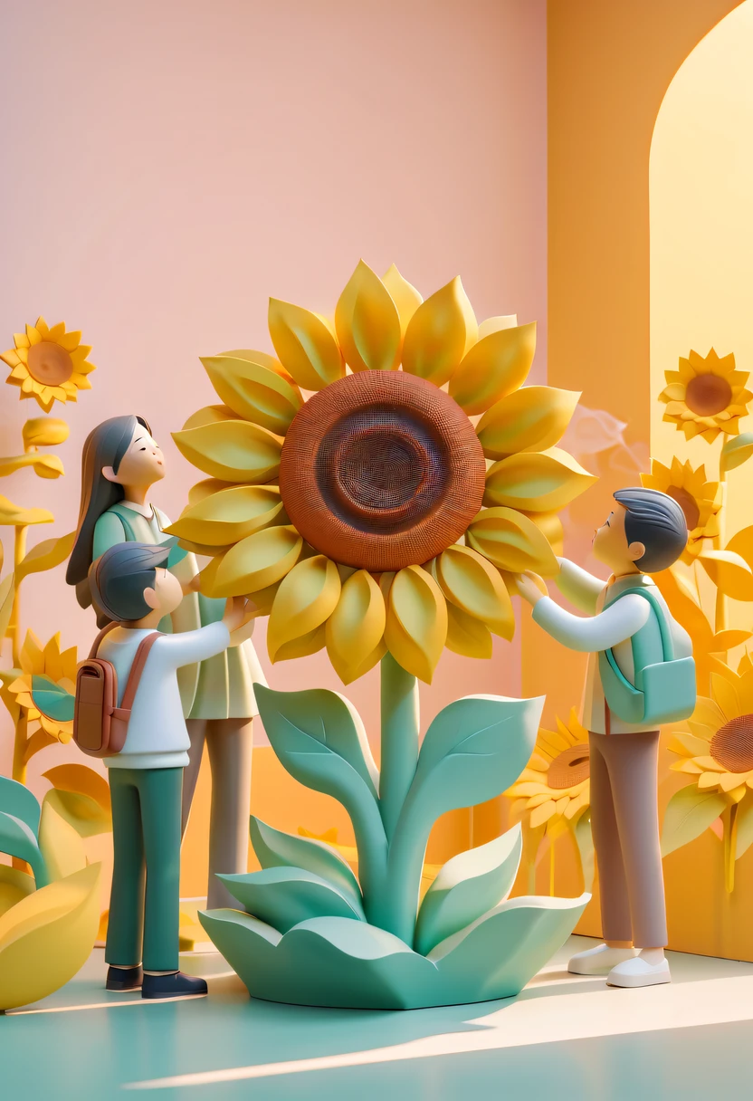 school sculpture，Cute teacher holding sunflower，Surrounded by a group of students，in a school， vectorial art，Soft color palette，abstract sculpture，3D sculpture with abstract light，modern chinese literati，Gradient of color，hierarchical form，Whimsical 3D Sculptures，Ethereal style three-dimensional sculpture