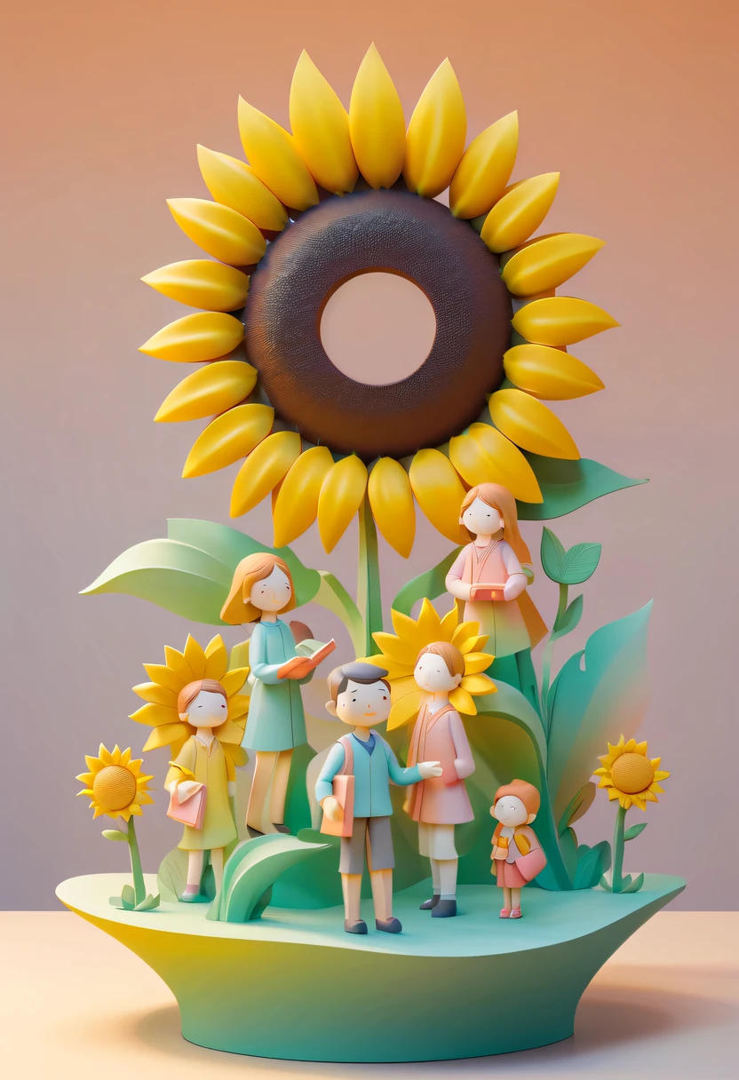 school sculpture，Cute teacher holding sunflower，Surrounded by a group of students，in a school， vectorial art，Soft color palette，abstract sculpture，3D sculpture with abstract light，modern chinese literati，Gradient of color，hierarchical form，Whimsical 3D Sculptures，Ethereal style three-dimensional sculpture