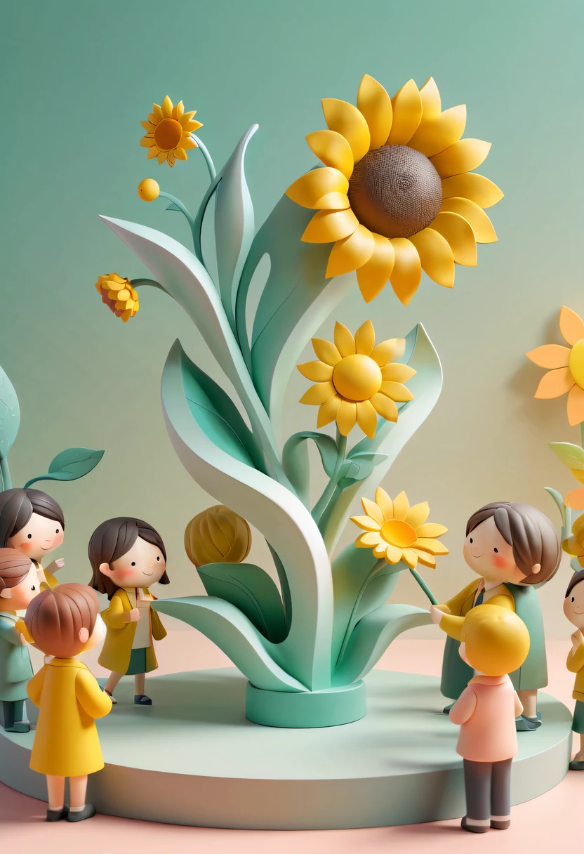 school sculpture，Cute teacher holding sunflower，Surrounded by a group of students，in a school， vectorial art，Soft color palette，abstract sculpture，3D sculpture with abstract light，modern chinese literati，Gradient of color，hierarchical form，Whimsical 3D Sculptures，Ethereal style three-dimensional sculpture