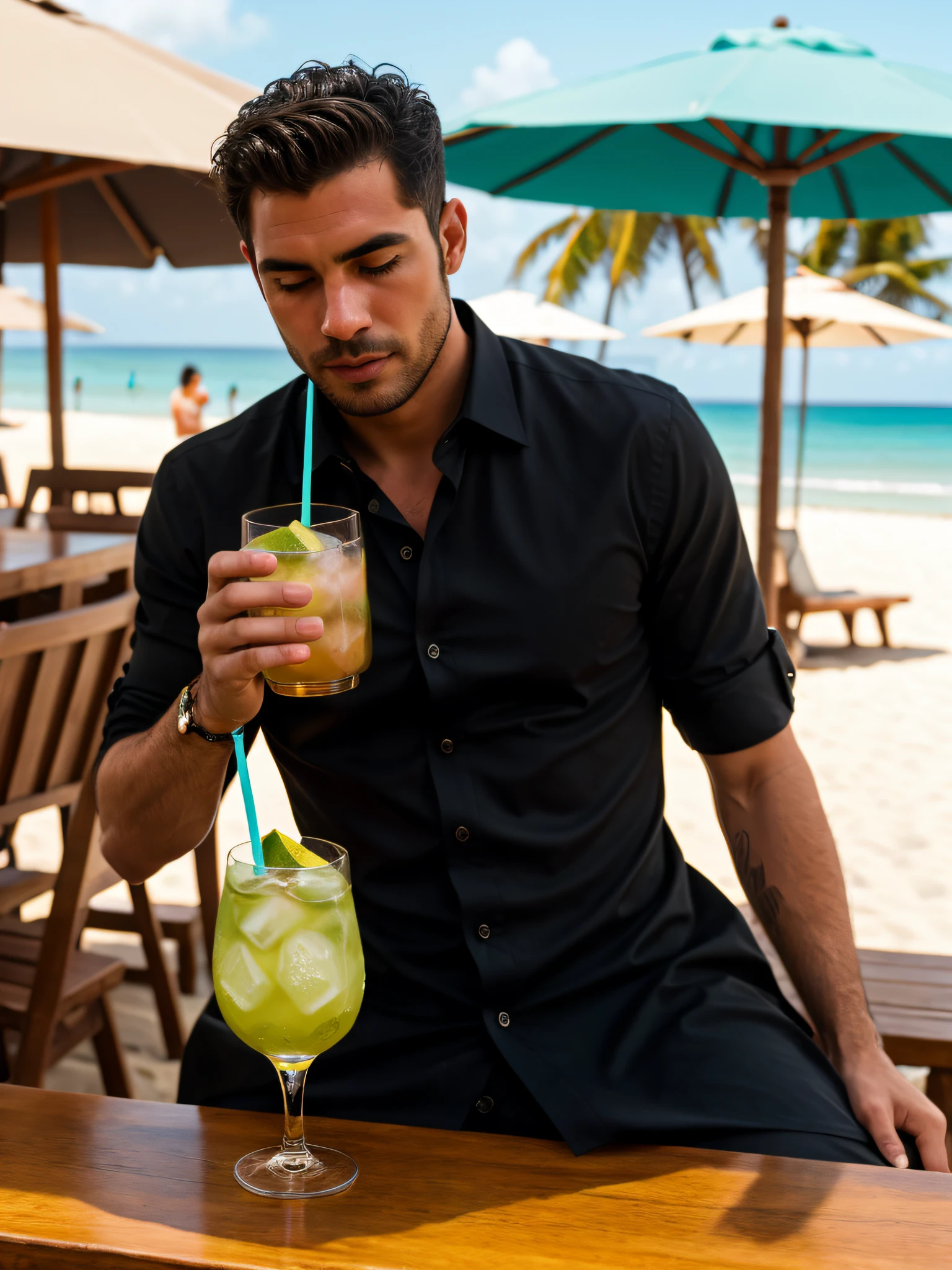 MAKE IT BEAUTIFUL, encaixar, homem rico vestindo uma camisa preta enquanto bebe uma caipirinha brasileira em um copo pequeno, 夏天, Qualidade Premier, bar de praia, Antecedentes detalhados, Foto RAW, iPhone, HDR,