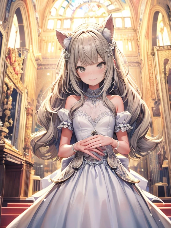In front of the altar of a majestic church、(blurry backround)、brightened light、golden long hair girl、Classic White Wedding Dresses、(elegant luster)、(Lots of races)、lots of ribbons、((voluminous puff sleeves))、long cuffs with many buttons、golden embroidery、Long Train、white embroidered gloves、5 fingers、A smile、Redness of the cheeks