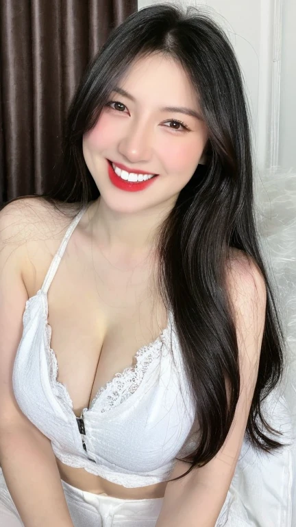 (realistic, high resolution:1.3), 1 girl with perfect figure, grin smile, (pale white skin:1.3 ,gigantic round breasts:1.3), looking at viewers, super fine face and eyes, long hair, white transparent lace veil: 1.2 , in bedroom, sit on the bed, , exposed cleavage, upper body, half body