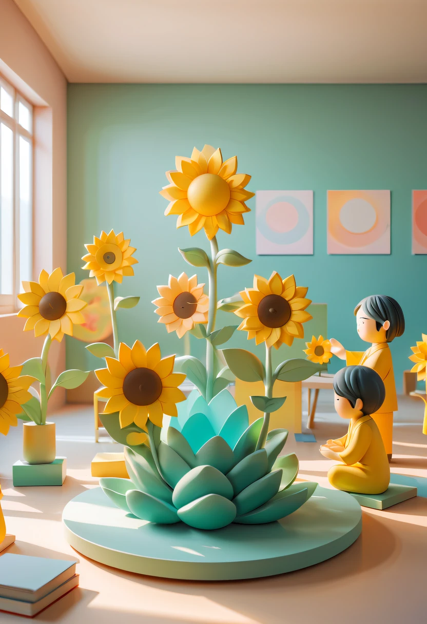 school sculpture，Cute teacher holding sunflower，Surrounded by a group of students，in class room， vectorial art，Soft color palette，abstract sculpture，Zen Buddhism，3D sculpture with abstract light，modern chinese literati，Gradient of color，hierarchical form，Whimsical 3D Sculptures，Ethereal style three-dimensional sculpture