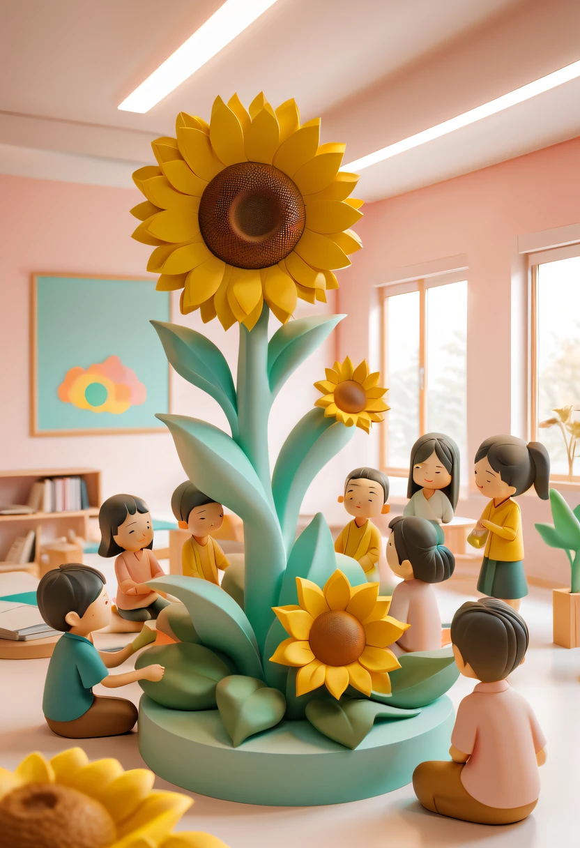 school sculpture，Cute teacher holding sunflower，Surrounded by a group of students，in class room， vectorial art，Soft color palette，abstract sculpture，Zen Buddhism，3D sculpture with abstract light，modern chinese literati，Gradient of color，hierarchical form，Whimsical 3D Sculptures，Ethereal style three-dimensional sculpture