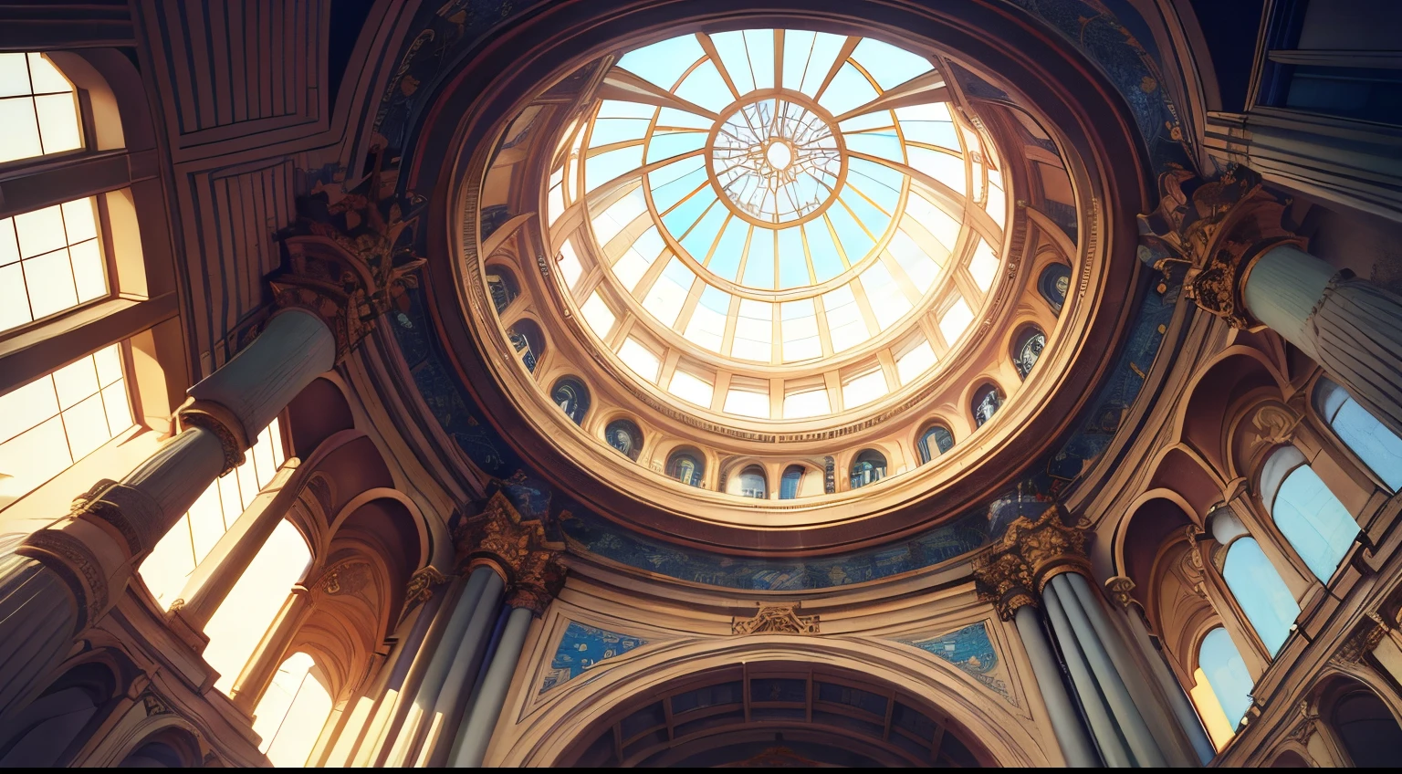 low angle looking up inside library entrance blue hue view sunny day vibrant blue tinted colors