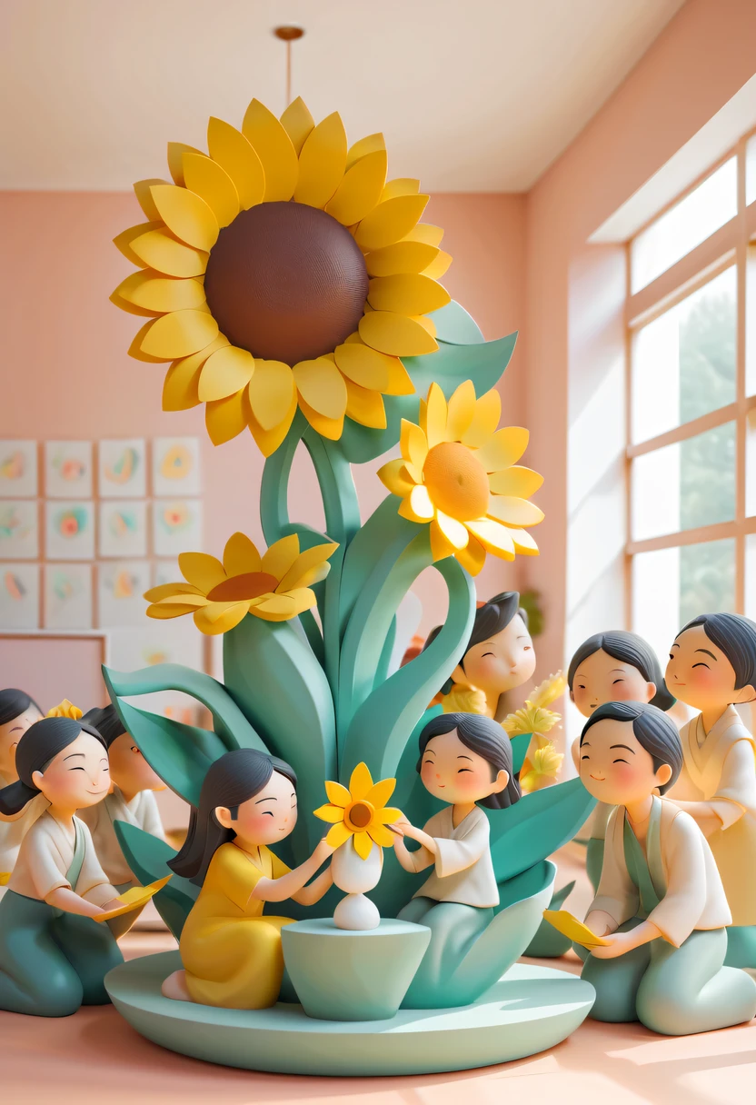 school sculpture，Cute teacher holding sunflower，Surrounded by a group of students，in class room， vectorial art，Soft color palette，abstract sculpture，Zen Buddhism，3D sculpture with abstract light，modern chinese literati，Gradient of color，hierarchical form，Whimsical 3D Sculptures，Ethereal style three-dimensional sculpture