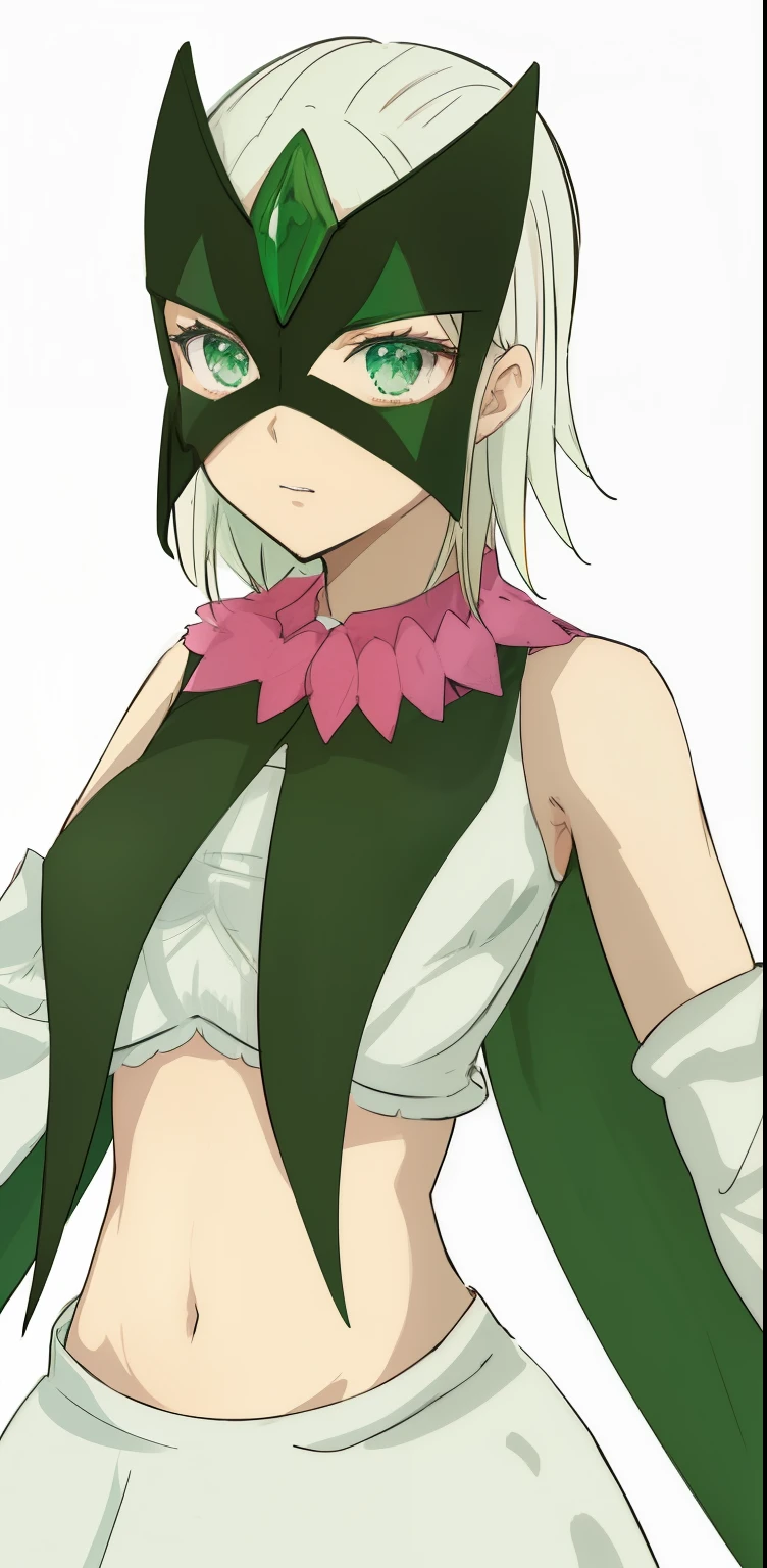 anime girl in a green cape and white dress with a pink collar,