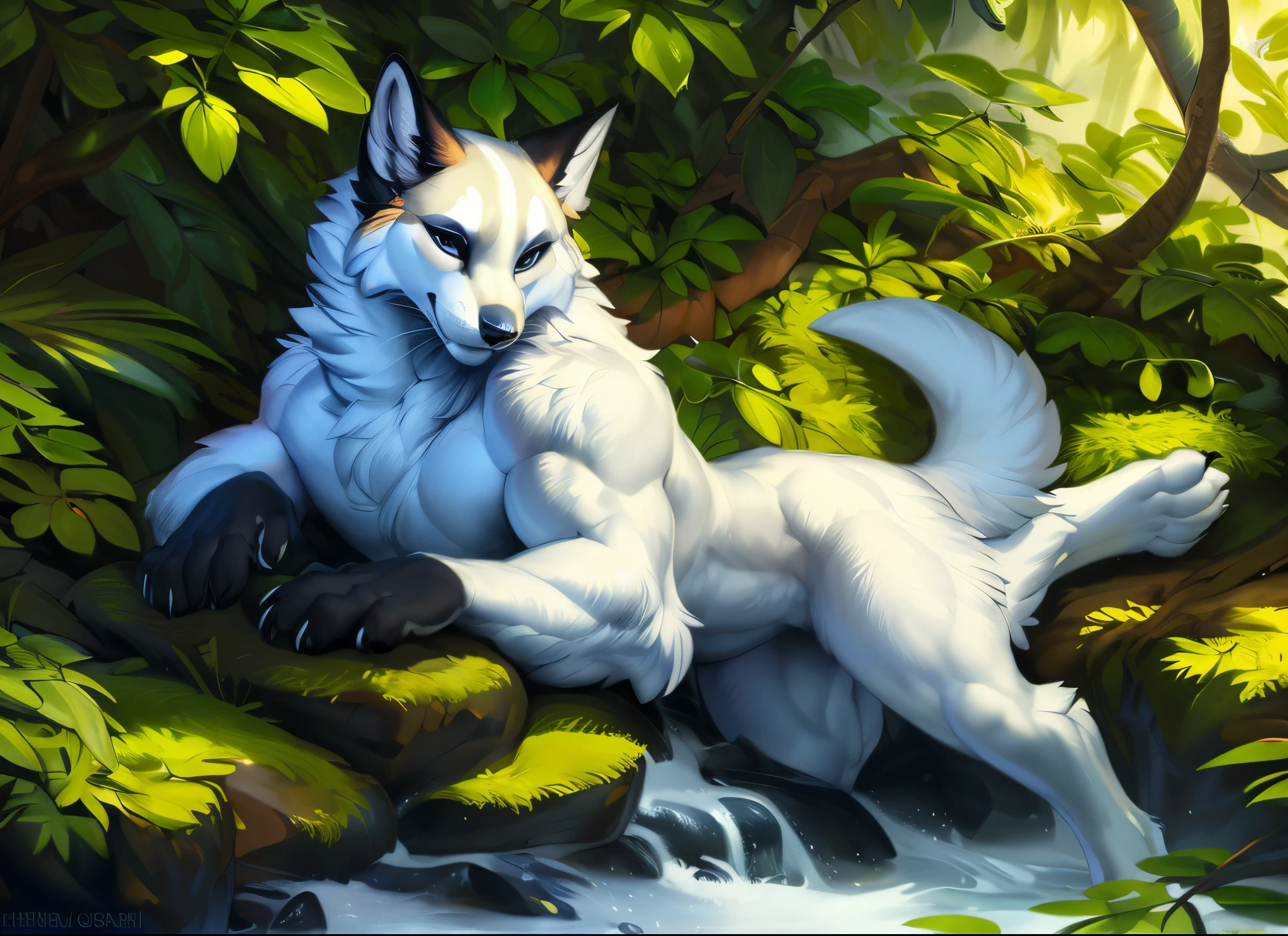 ultra-detailed, masterpiece, masterwork, high quality, best quality, hdr, posted on e621, (by hioshiru), (nature), nsfw, male, solo, (white little body minotaur), hairy dragon, (silver hair, yellow eyes, detailed eyes, white body), (nude, foreskin, balls), lying, front view, dynamic angle