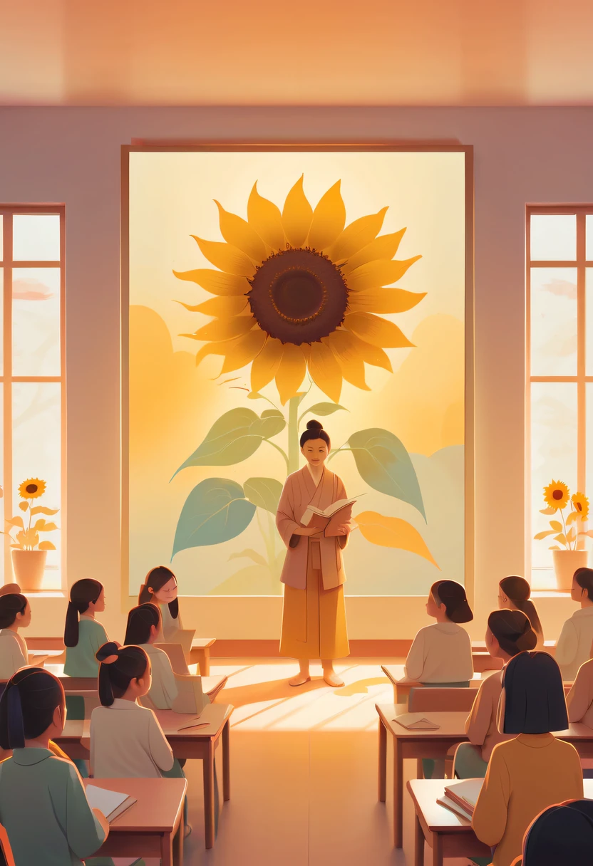 Teacher's Day illustration，Cute teacher holding sunflower，Surrounded by a group of students，in class room， vectorial art，Soft color palette，abstract paintings，Zen Buddhism，Cover art with abstract light，modern chinese literati，Gradient of color，hierarchical form，whimsical pictures，Ethereal style painting