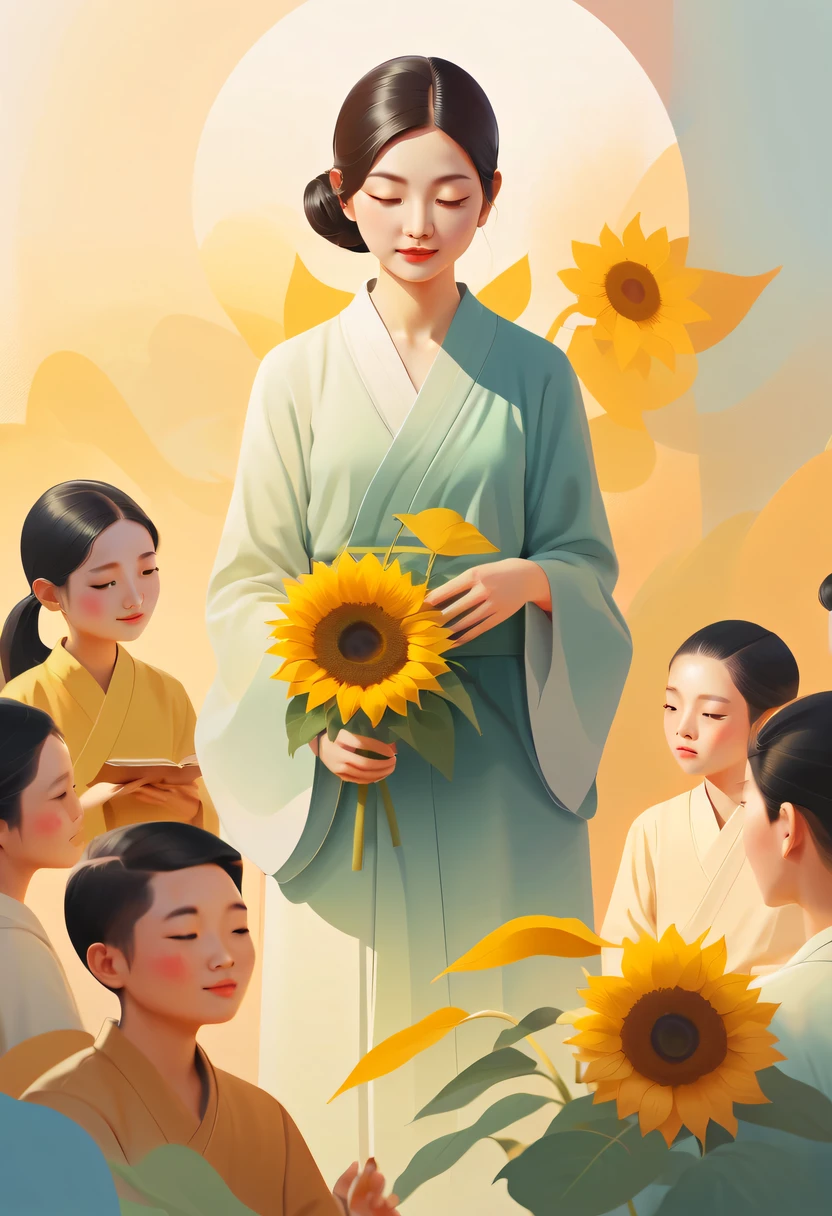 Teacher's Day illustration,Cute teacher holding sunflower,Surrounded by a group of students,in class room, vectorial art,Soft color palette,abstract paintings,Zen Buddhism,Cover art with abstract light,modern chinese literati,Gradient of color,hierarchical form,whimsical pictures,Ethereal style painting