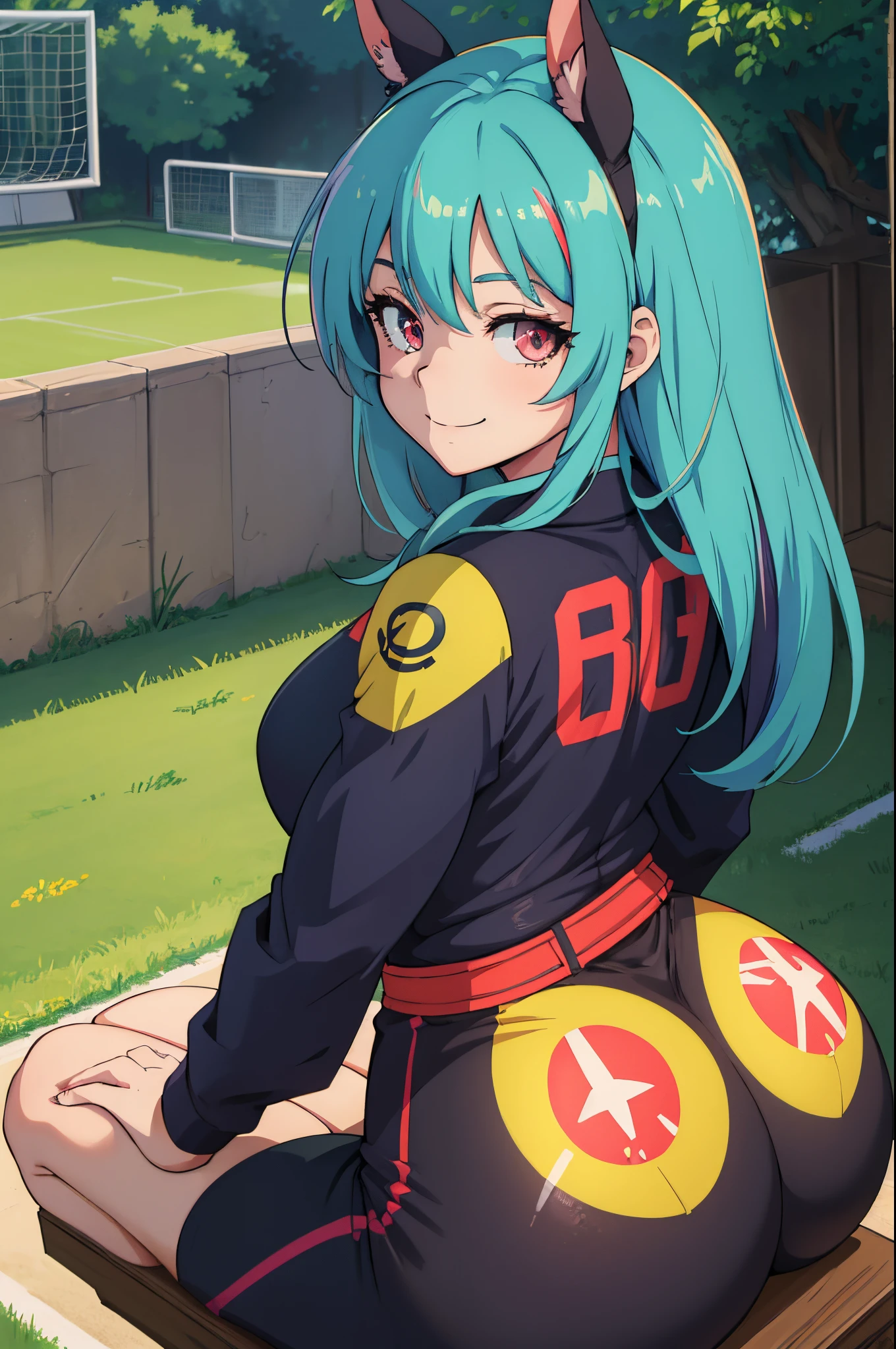 (Best Quality), (masterpiece), (High resolution), (Anime Heroine Illustration),,solo,girl with horse ears,smiling,back turned to the viewer,big muscle butt,Slacks,sporty clothing,soccer field,diamond,multicolored hair,multicolored eyes,muscular female,mature female