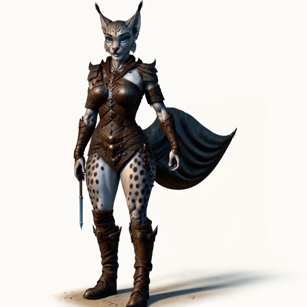 (Kajiit adult woman:1), ((standing)), ((full body)), single character concept art ((solo)), RPG fantasy medieval illustration, ((lower body revealed from thighs to feet)), ((legs revealed from thighs to feet)), ((no background_with a pure white background)), ((simple background)), black boots, black pants, black gloves, black uniform, warrior armor, a seductive fitness woman, charming perfect sexy figure, sexy seductive, slim body shapes, body glare, big thighs, beautiful cute face, pretty detail eyes, blue colored eyes, beautiful detailed lips, extremely detailed eyes and face, fighting facial expression, khajiit woman beautiful, anthropomorphic lynx woman, lynx ears, spotted white-like skin color, skin color-black