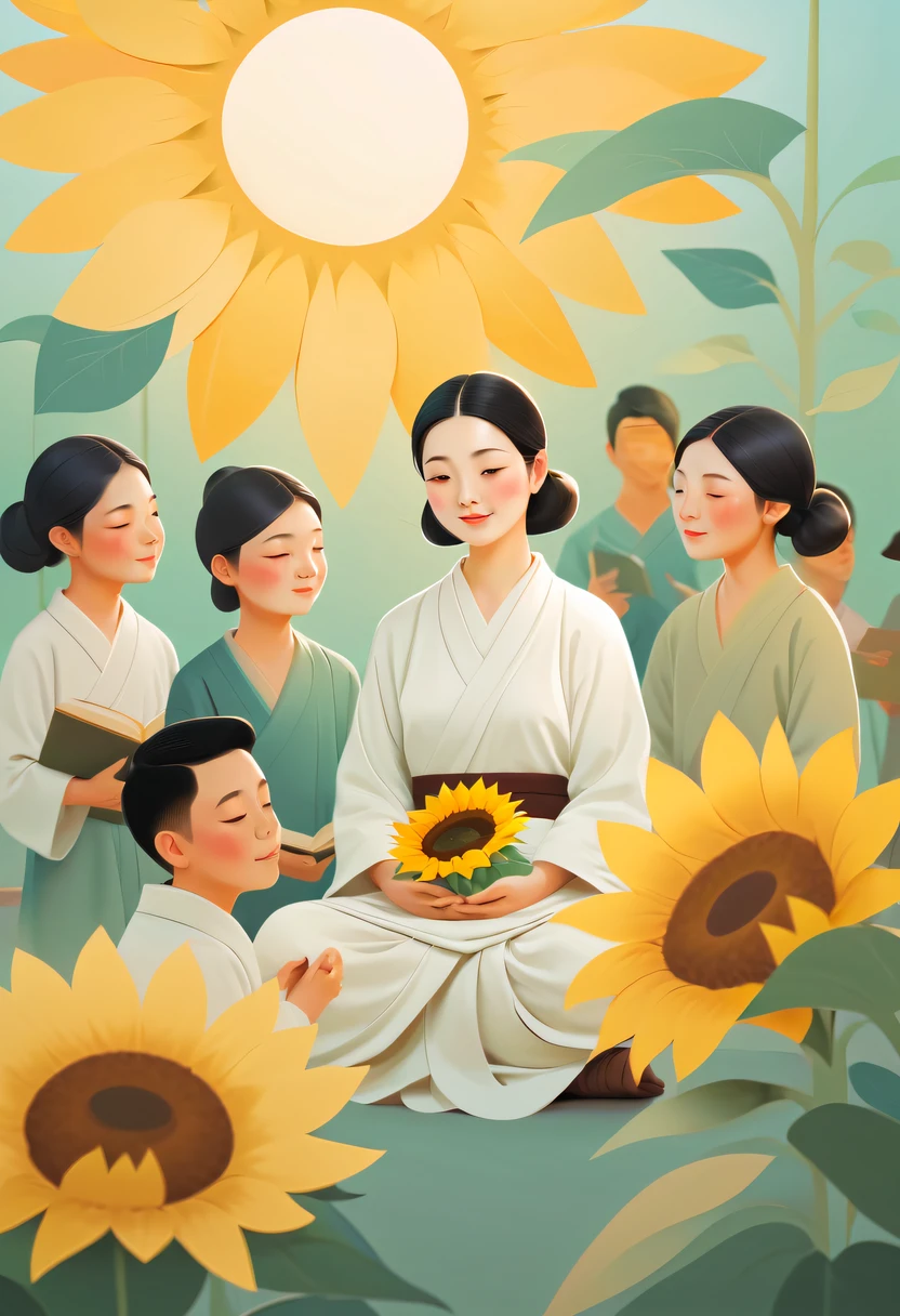 Teacher's Day illustration,Cute teacher holding sunflower,Surrounded by a group of students,in class room, vectorial art,Soft color palette,abstract painting,Zen Buddhism,Cover art with abstract light,Chinese contemporary literati,Gradient of color,hierarchical form,whimsical pictures,Ethereal style painting