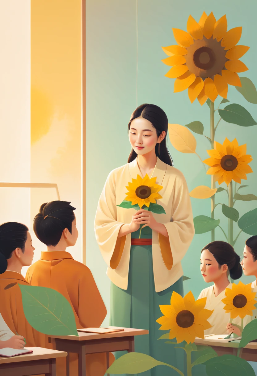 Teacher's Day illustration，Cute teacher holding sunflower，Surrounded by a group of students，in class room， vectorial art，Soft color palette，abstract painting，Zen Buddhism，Cover art with abstract light，Chinese contemporary literati，Gradient of color，hierarchical form，whimsical pictures，Ethereal style painting