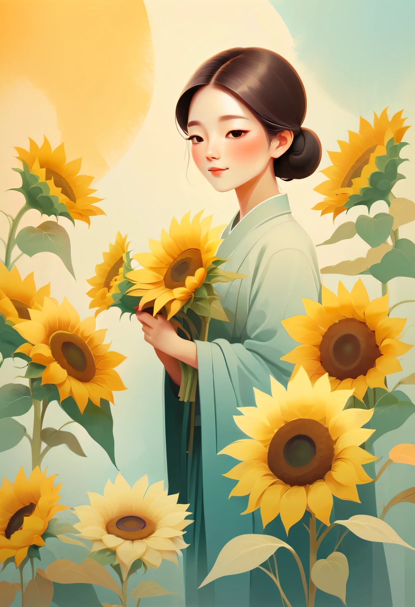 Teacher's Day illustration,Cute teacher holding sunflower,Surrounded by a group of students,in class room, vectorial art,Soft color palette,abstract paintings,Zen Buddhism,Cover art with abstract light,Chinese contemporary literati,Gradient of color,hierarchical form,whimsical pictures,Ethereal style painting