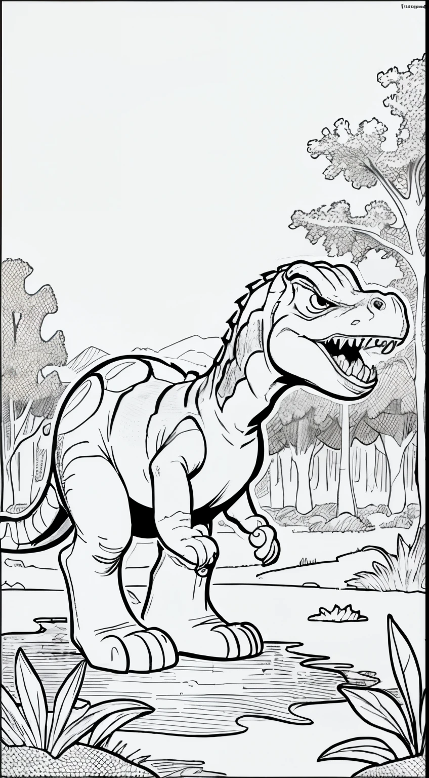 Coloring page for kids, dinosaurus in a forest, cartoon style, thick lines, low detail, no shading --ar 9:11 --v5-