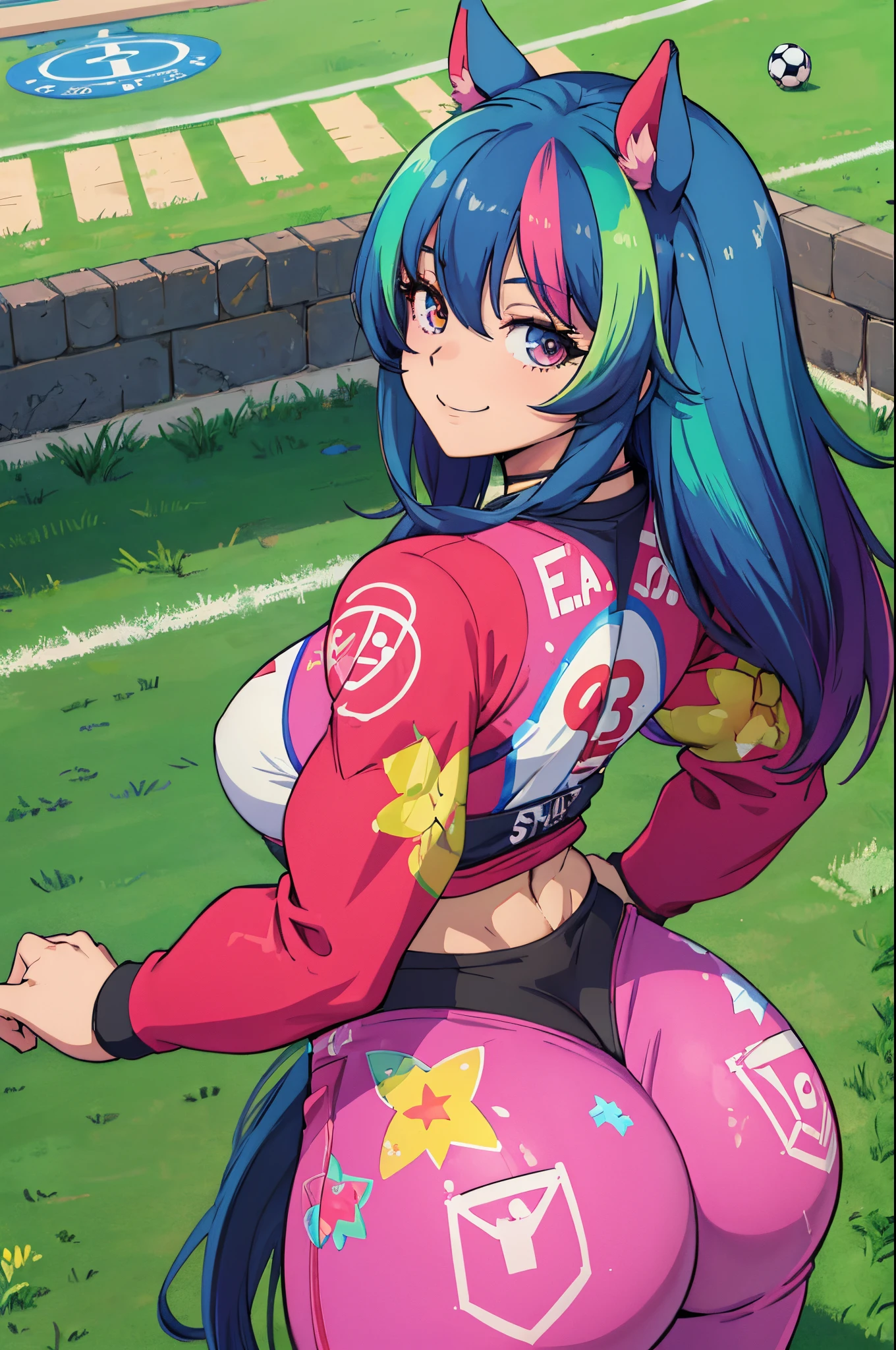 (Best Quality), (masterpiece), (High resolution), (Anime Heroine Illustration),,solo,girl with horse ears,smiling,back turned to the viewer,big muscle butt,Slacks,sporty clothing,soccer field,diamond,multicolored hair,multicolored eyes,muscular female,mature female