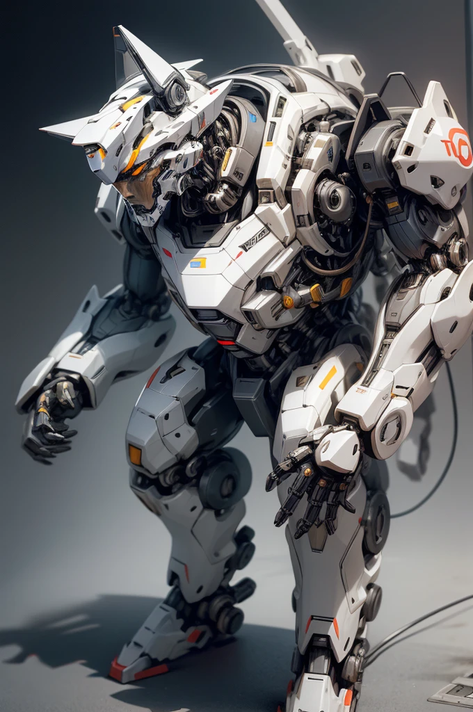 mecha, 1 mechanical boy, full body, robotic cat, robotic cat ear, mechanical face, robotic presence, cyberpunk, realistic, mechanical parts, robot joints, white full armor