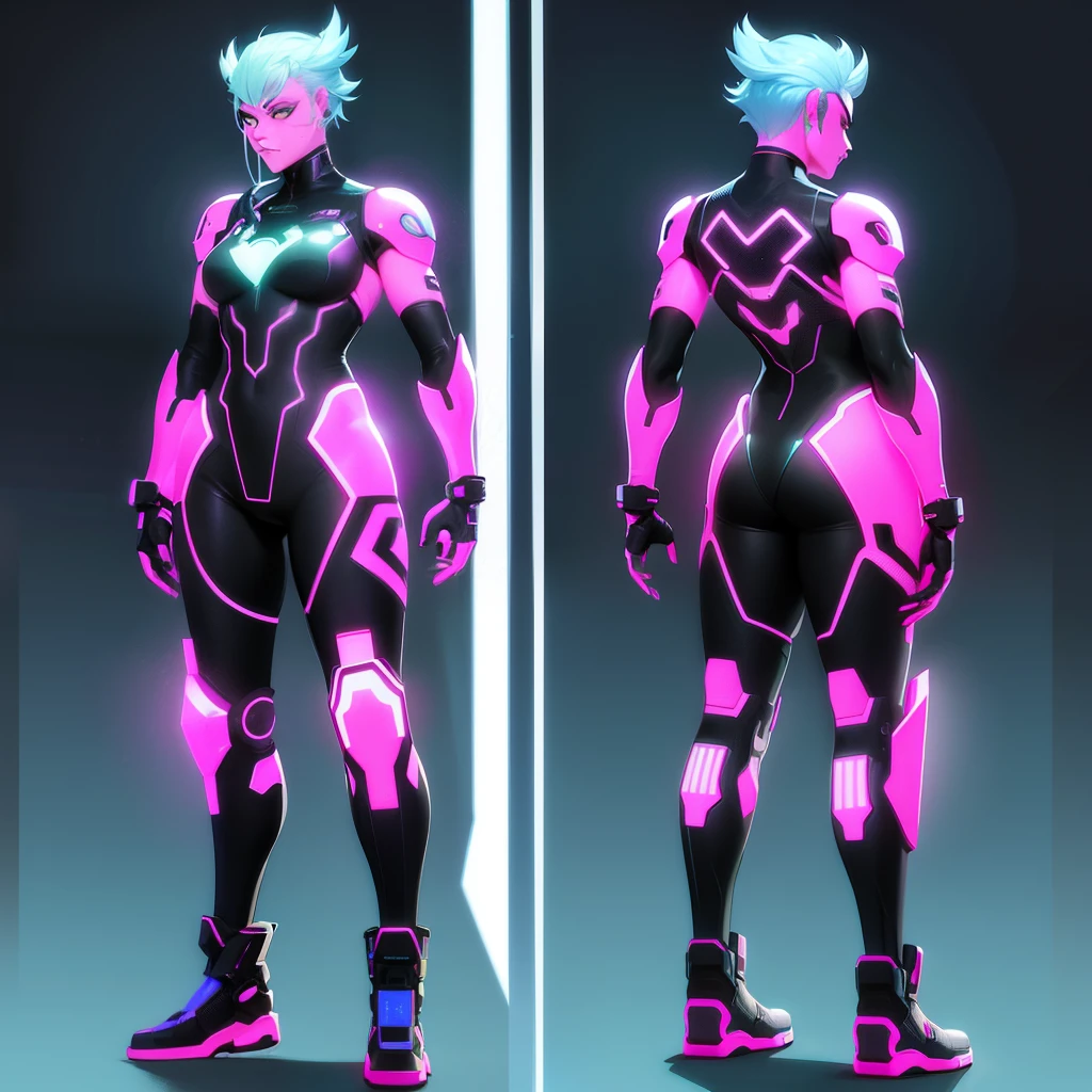 cyberpunk adventure game character, full-body, model sheet, vibrant colors, two-thirds view, front view and rear view - v4 - ar 3:2, detailed face and body, futuristic clothing, neon lighting, urban backdrop, interactive environment details, high-quality rendering