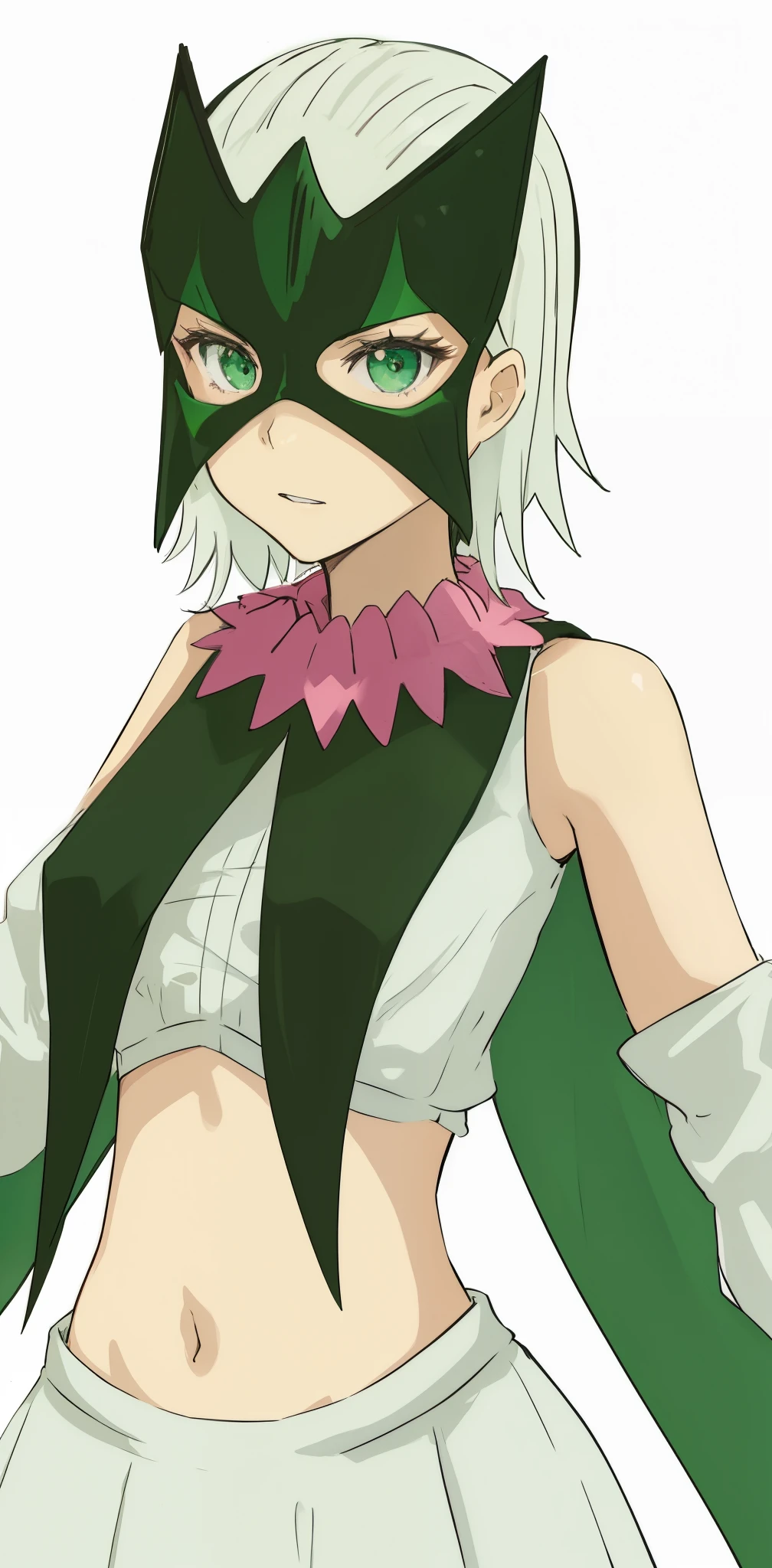 anime girl in a green cape and white dress with a pink collar,
