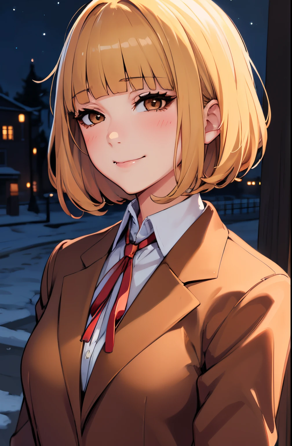 (masterpiece,best quality, detailed), 1girl, solo, outdoors, evening, upper body, smile, closed mouth, squinting, eyelashes,
midorikawa hana, brown jacket, neck ribbon, collared shirt, school uniform