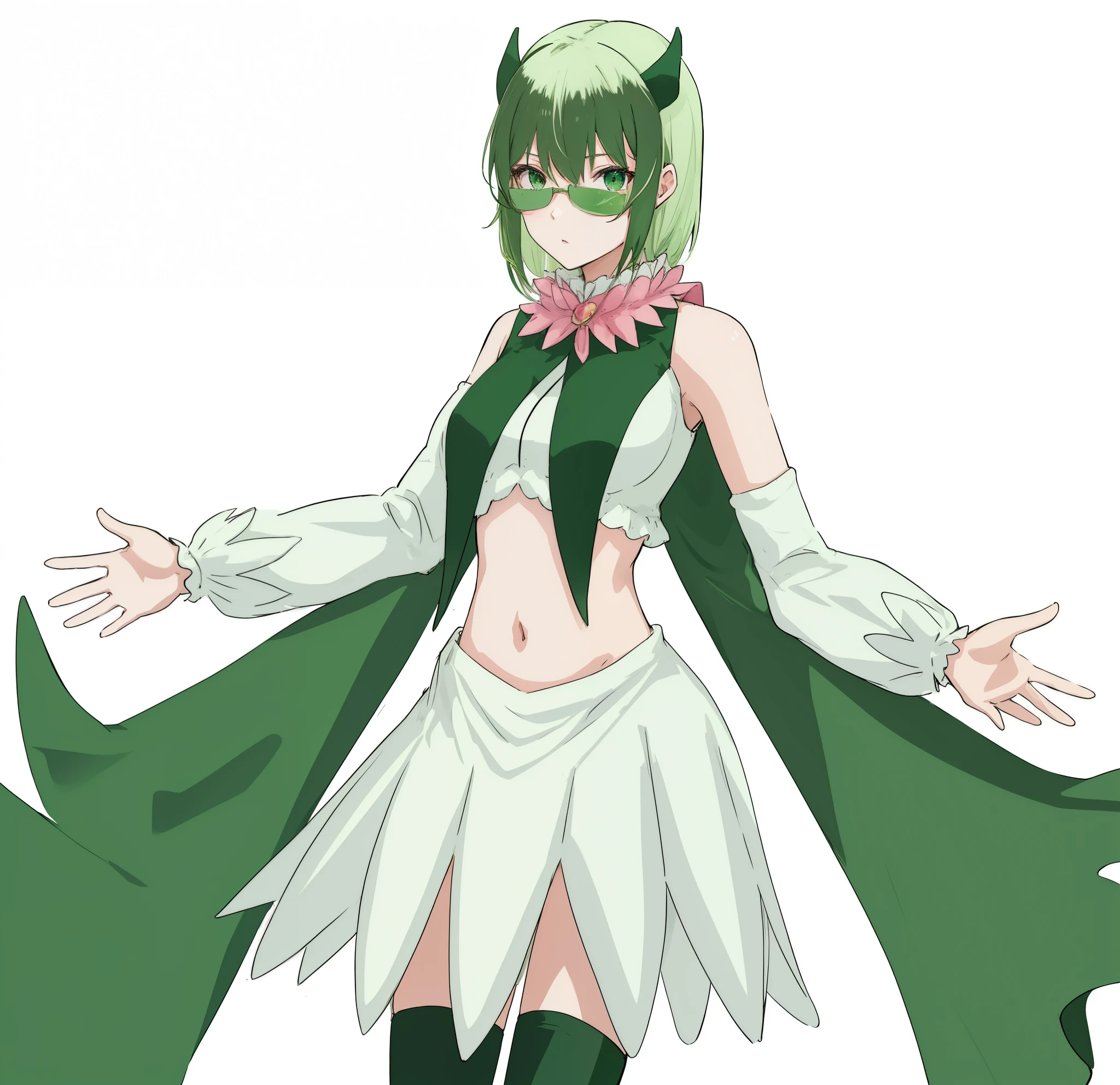 anime girl in a green cape and white dress with a pink collar,