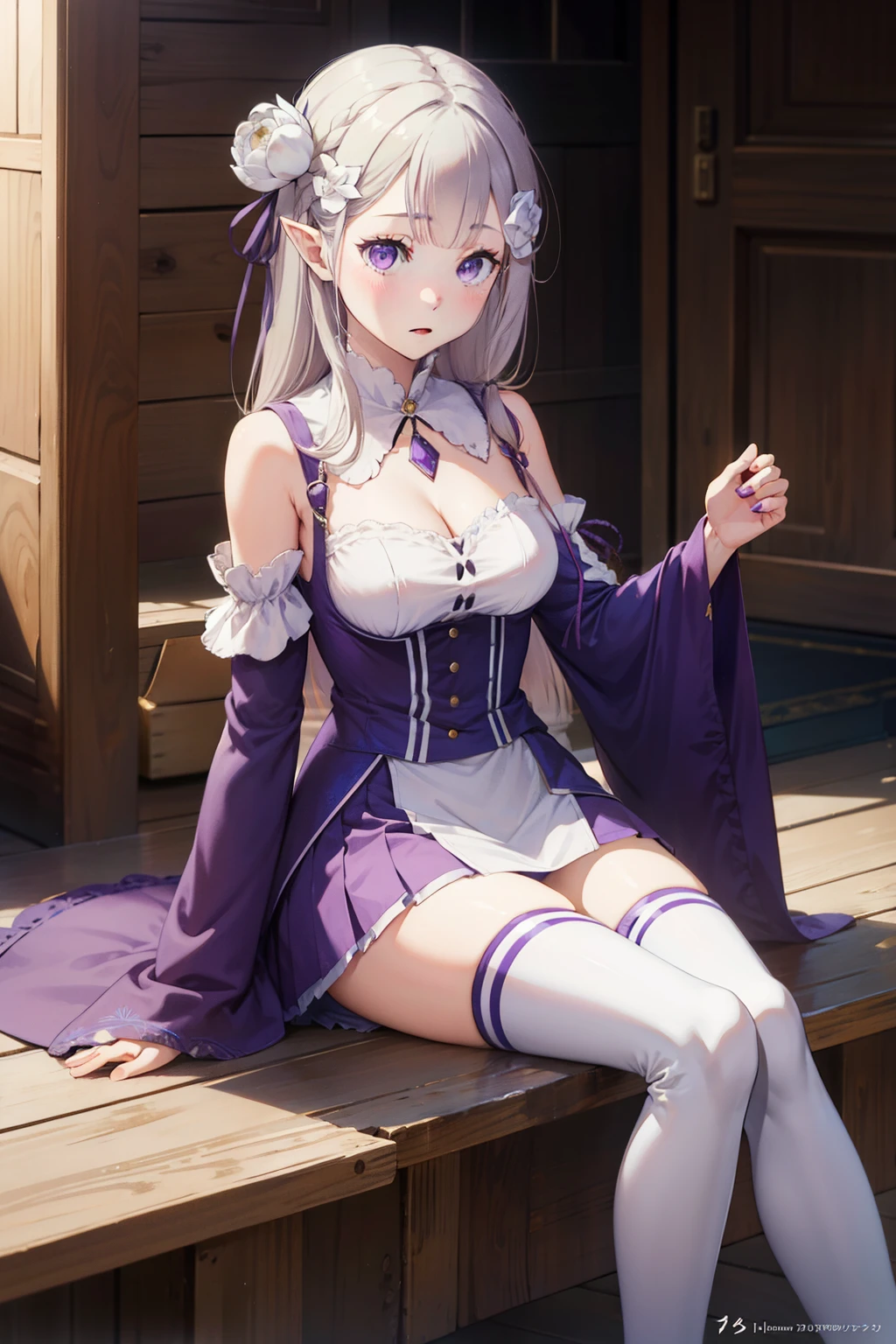 1girl, solo, Emilia, emilia_\(re:zero\), long hair, silver hair, blunt bangs, braid, hair ornament, hair flower, hair ribbon, purple ribbon, purple eyes, blush, low-tied long hair, elf, dress, bare shoulders, detached sleeves, wide sleeves, cleavage, pleated skirt, thighhights, white legwear, white shoes, outdoorasterpiece:1.2), highres, best quality, 8k, very clear,